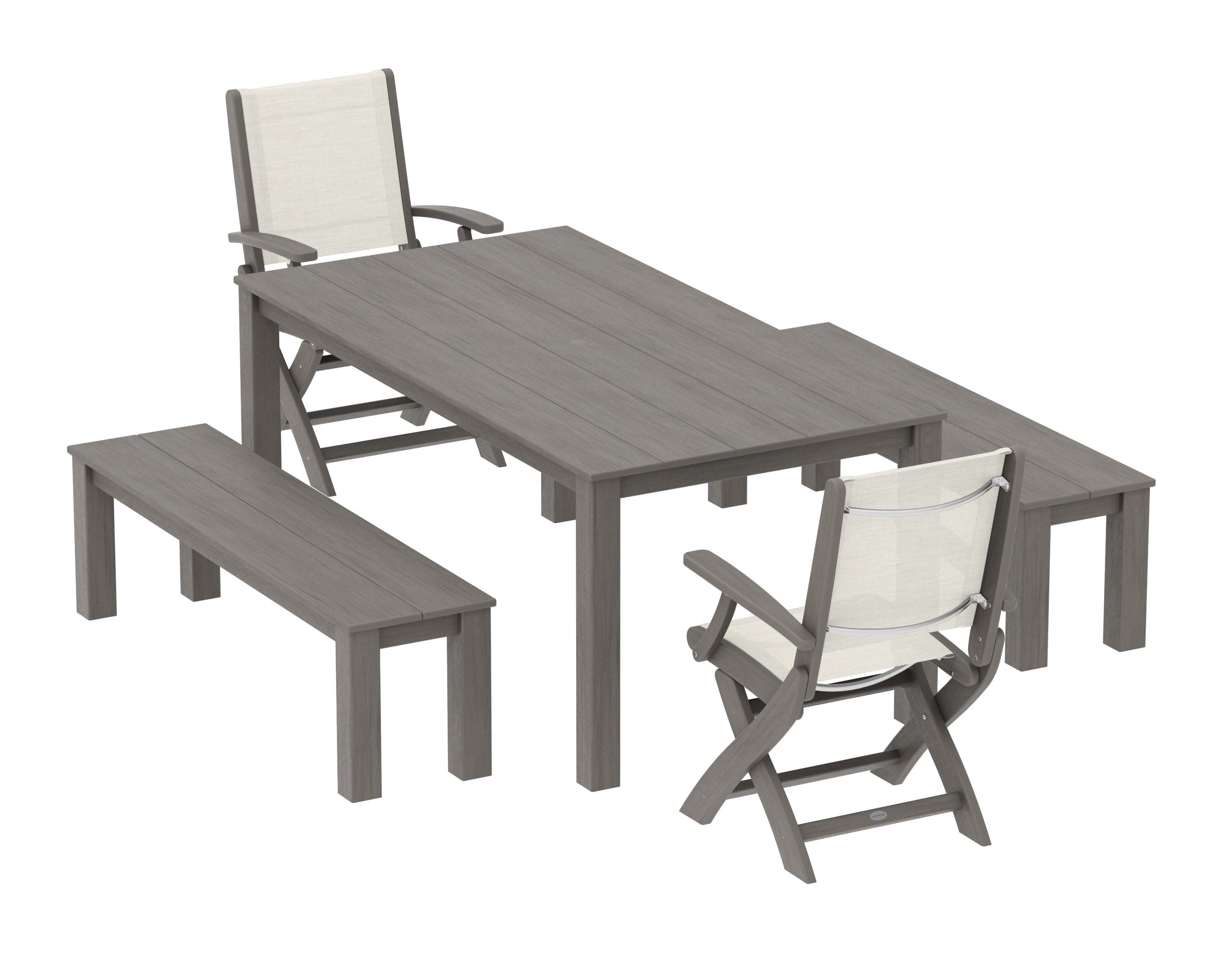 Coastal Folding Chair 5-Piece Parsons Dining Set with Benches in Driftwood / Parchment Sling