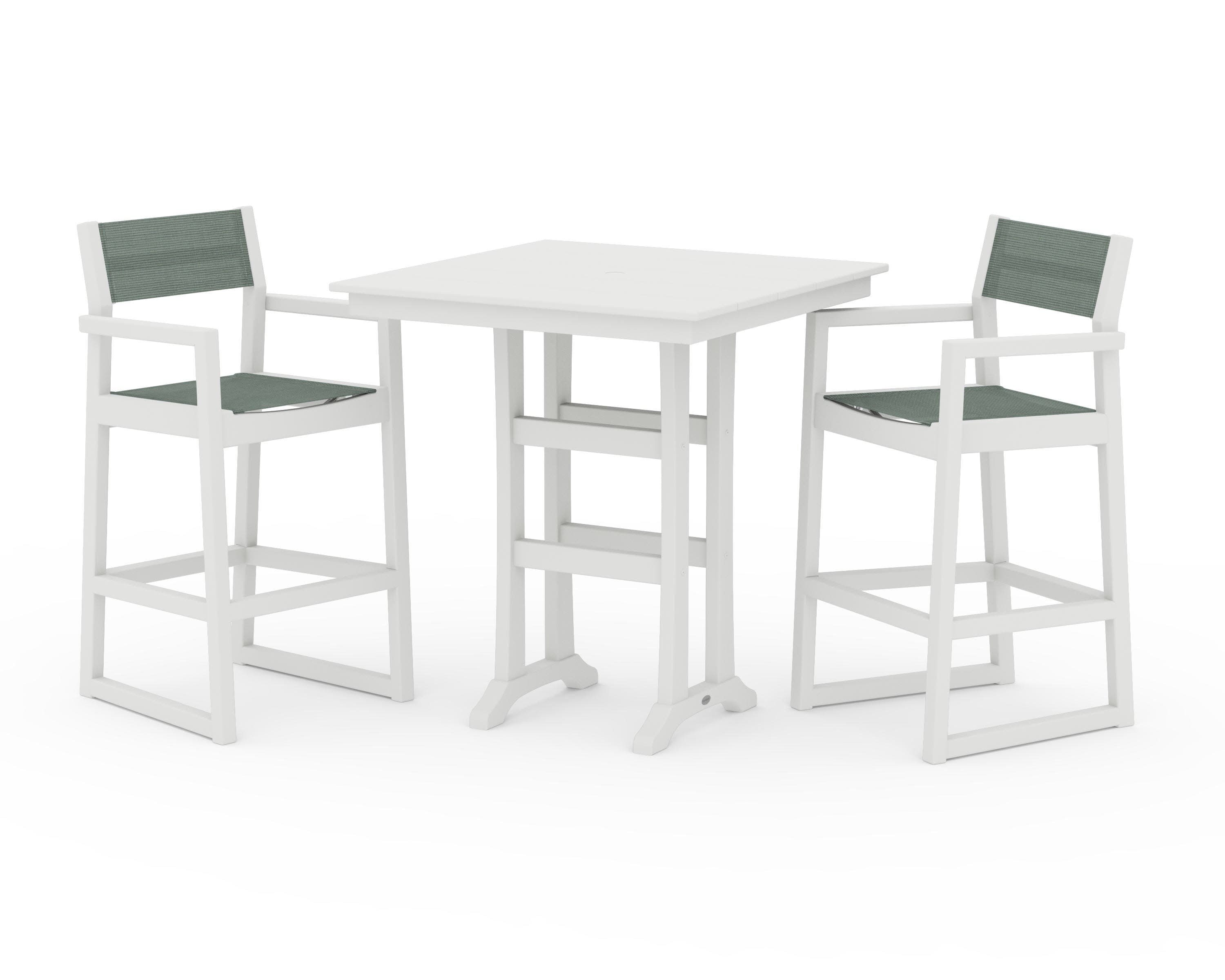 EDGE Sling Arm Chair 3-Piece Farmhouse Bar Set with Trestle Legs in Vintage White / Dupioni Sea Mist Sling