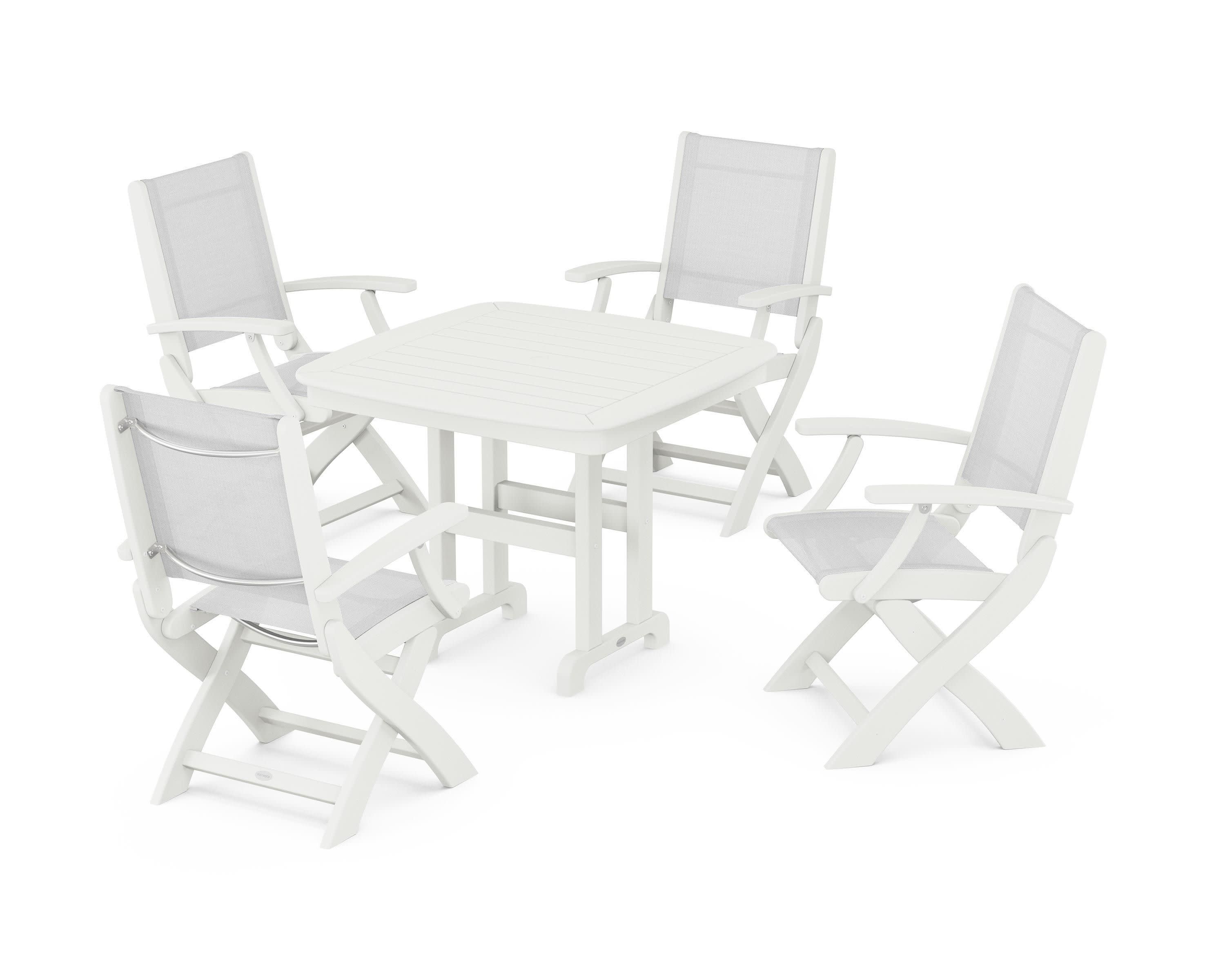 Coastal Folding Chair 5-Piece Dining Set in Vintage White / White Sling