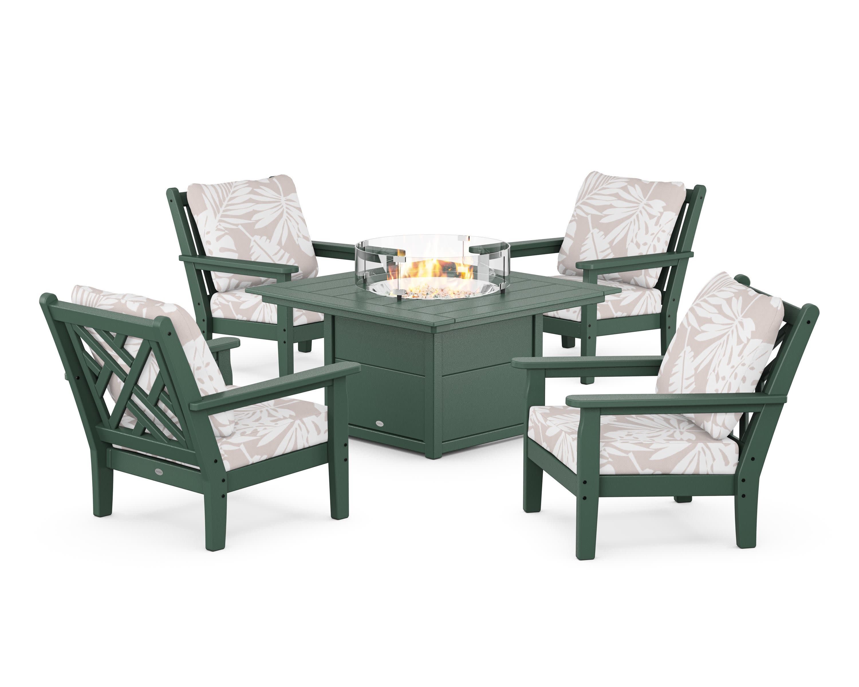 Chippendale 5-Piece Deep Seating Set with Fire Pit Table in Green / Leaf Dune Burlap