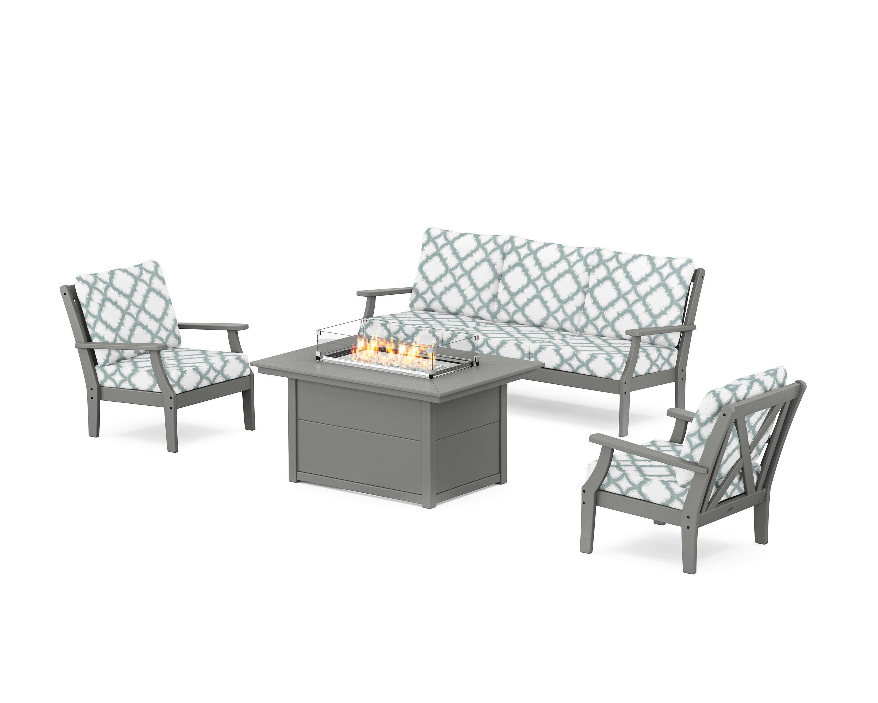 Braxton Deep Seating Fire Pit Table Set in Slate Grey / Trellis Glacier Spa