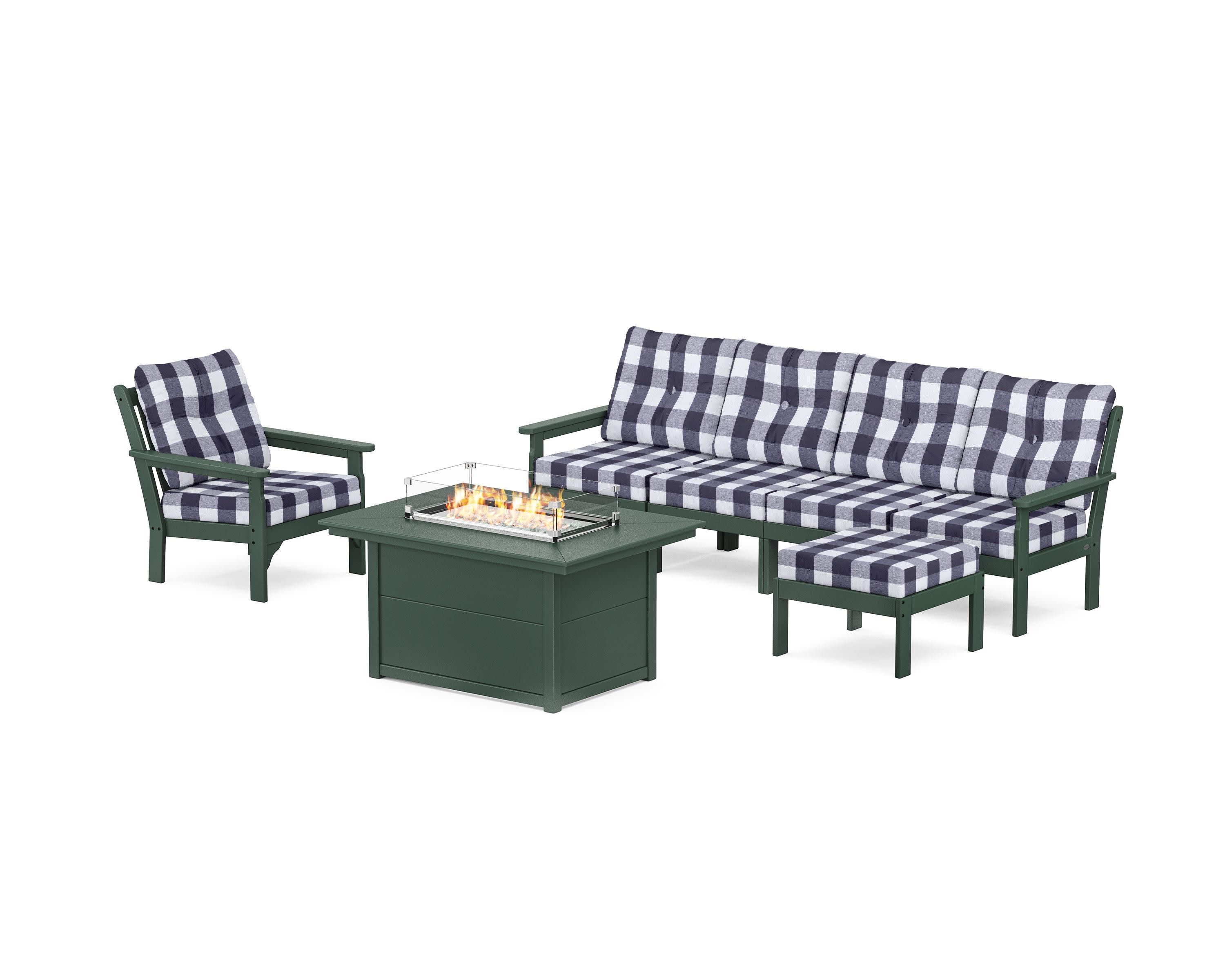 Vineyard Sectional Lounge and Fire Pit Set in Green / Buffalo Plaid Navy