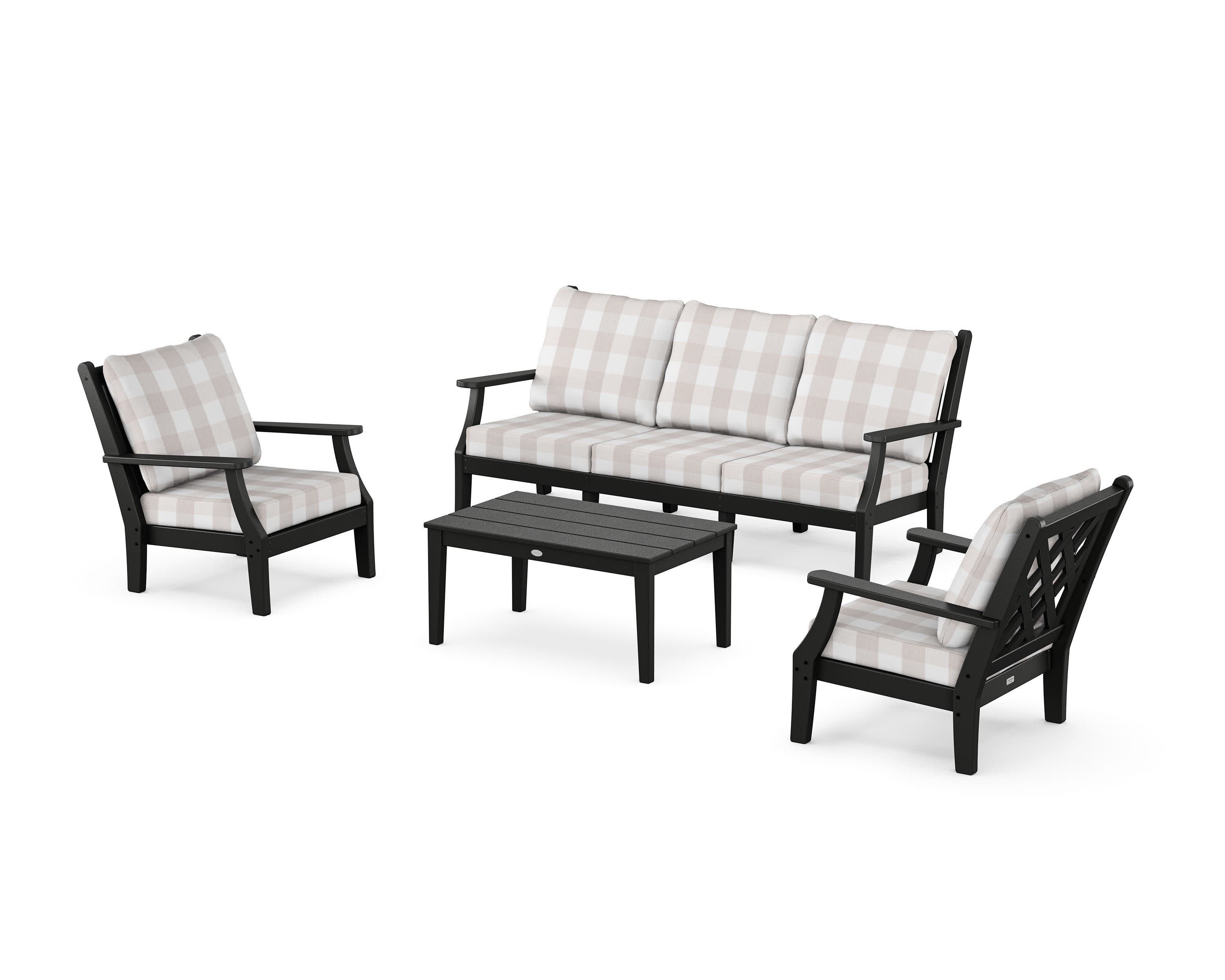 Wovendale 4-Piece Deep Seating Set with Sofa in Black / Buffalo Plaid Dune Burlap