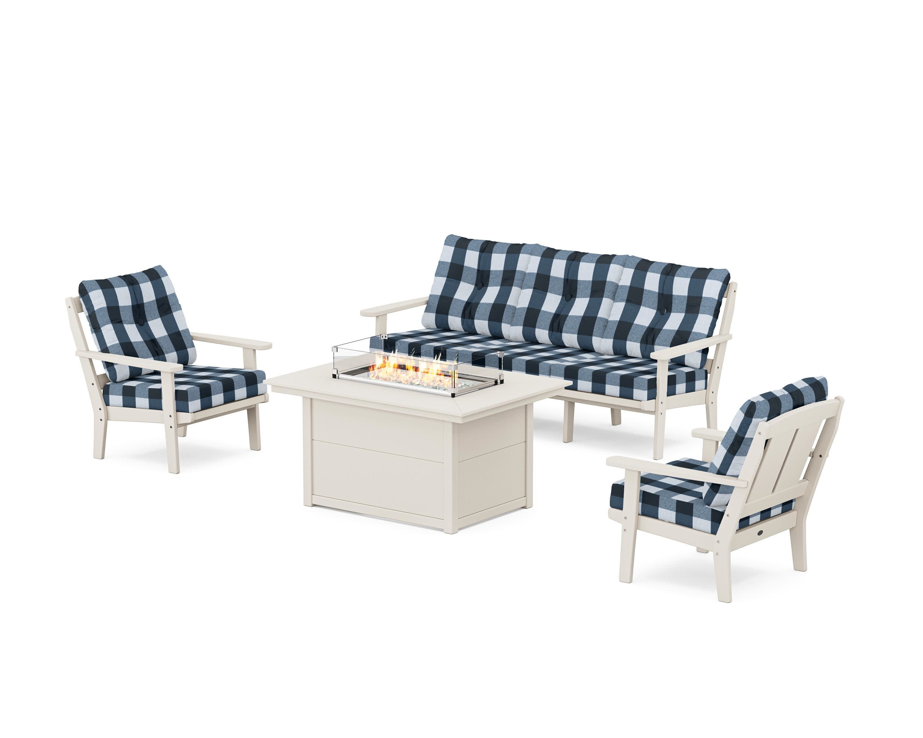 Mission Deep Seating Fire Pit Table Set in Sand / Buffalo Plaid Marine Indigo