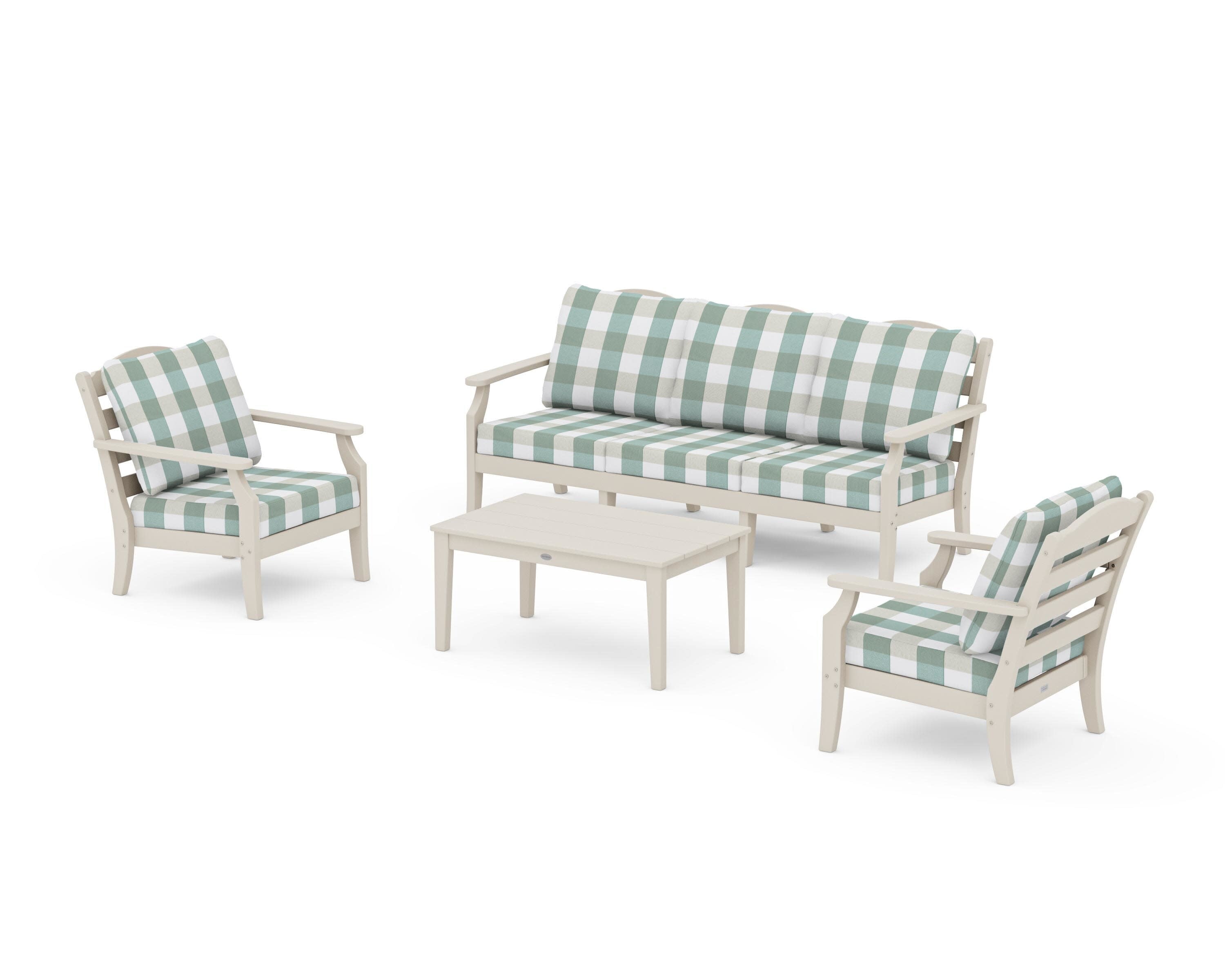 Savannah 4-Piece Deep Seating Set with Sofa in Sand / Buffalo Plaid Glacier Spa