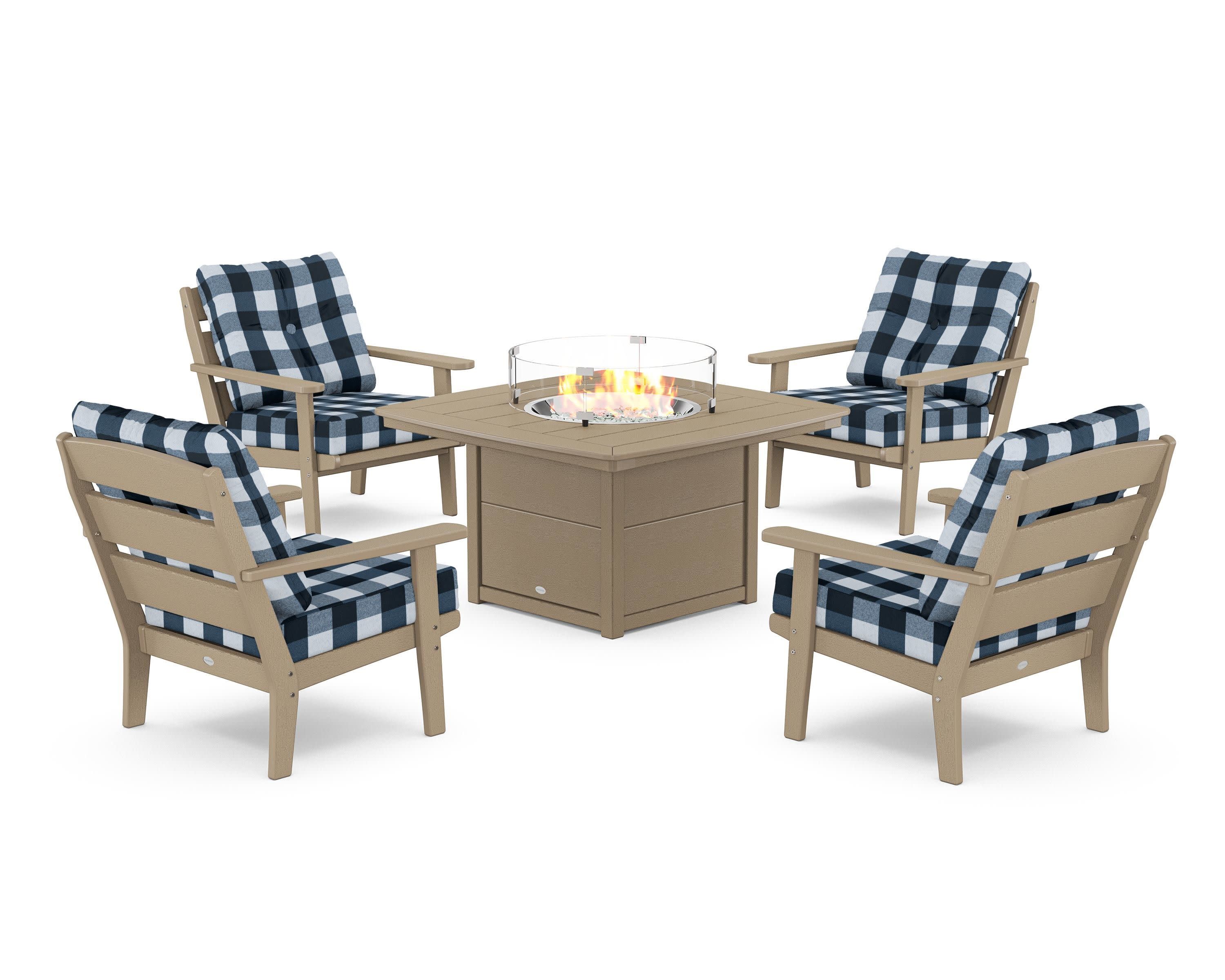 Lakeside 5-Piece Deep Seating Set with Nautical Fire Pit Table in Vintage Sahara / Buffalo Plaid Marine Indigo