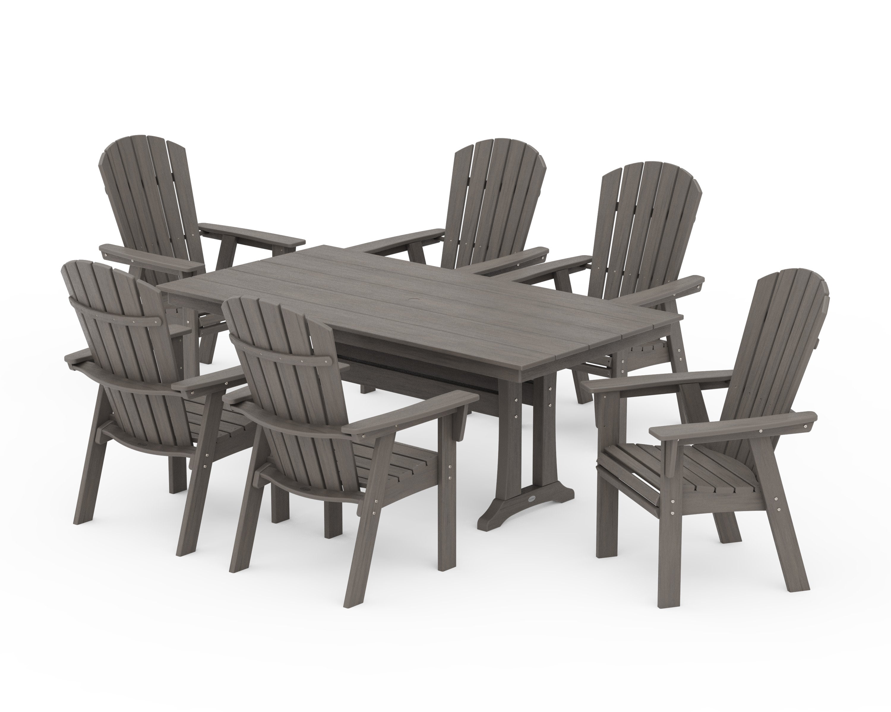 Nautical Curveback Adirondack 7-Piece Farmhouse Dining Set with Trestle Legs in Driftwood