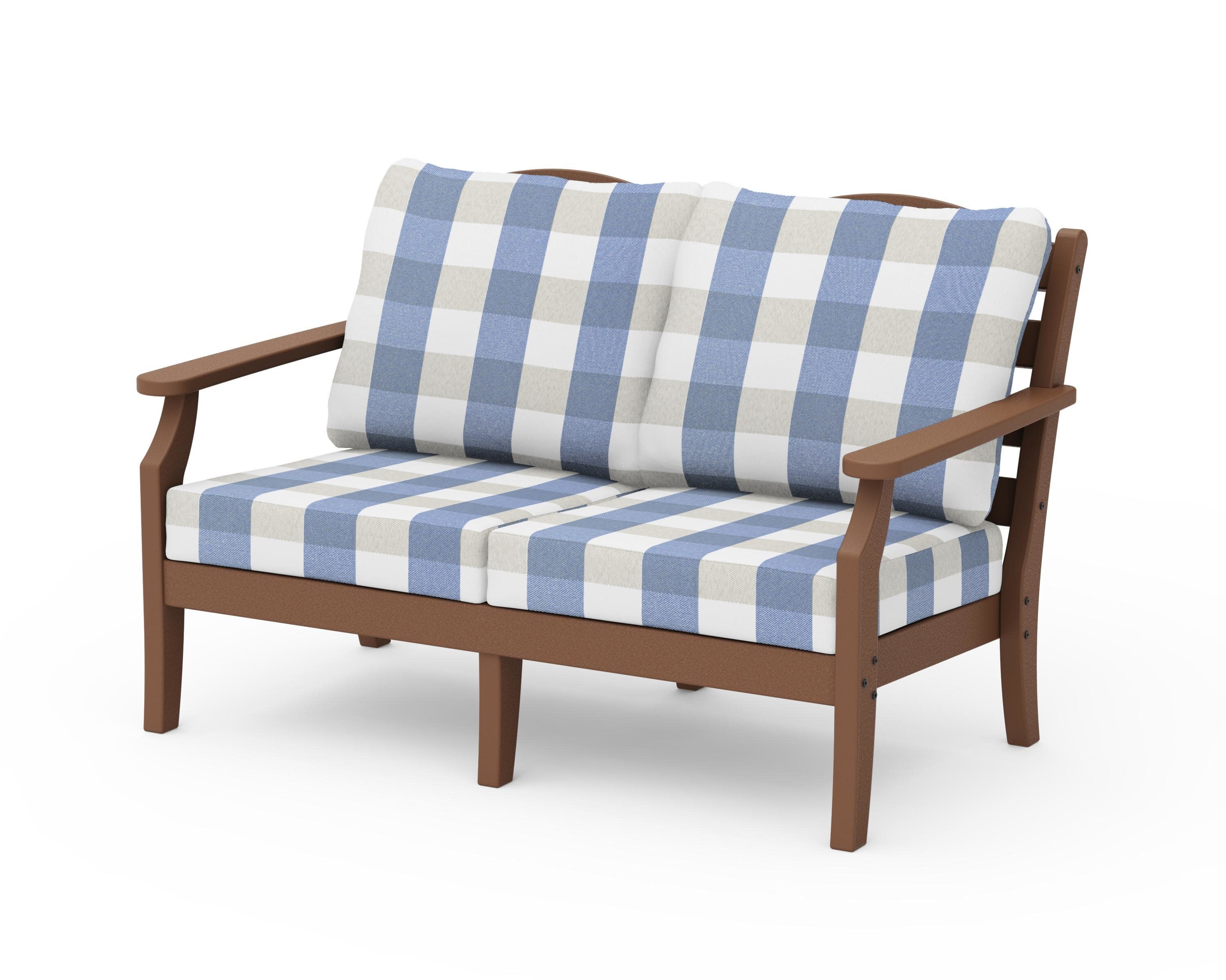Savannah Deep Seating Loveseat in Teak / Buffalo Plaid Sky Blue