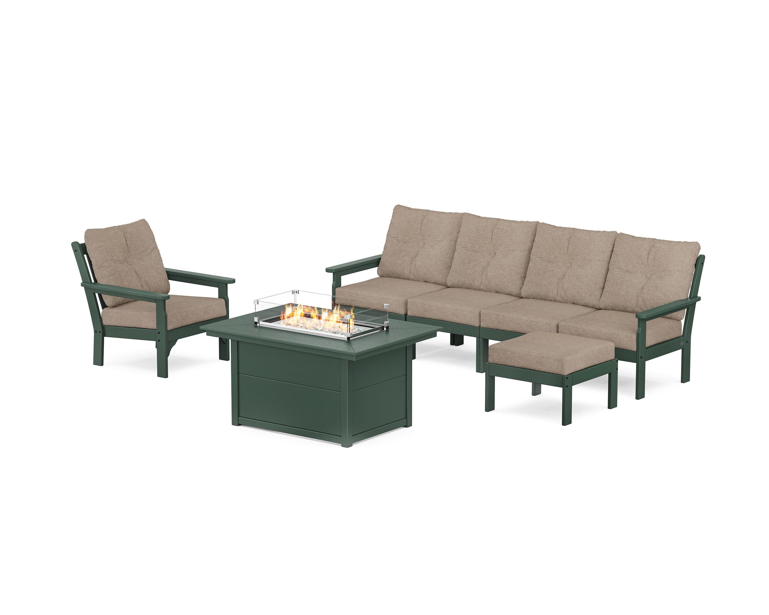 Vineyard Sectional Lounge and Fire Pit Set in Green / Spiced Burlap