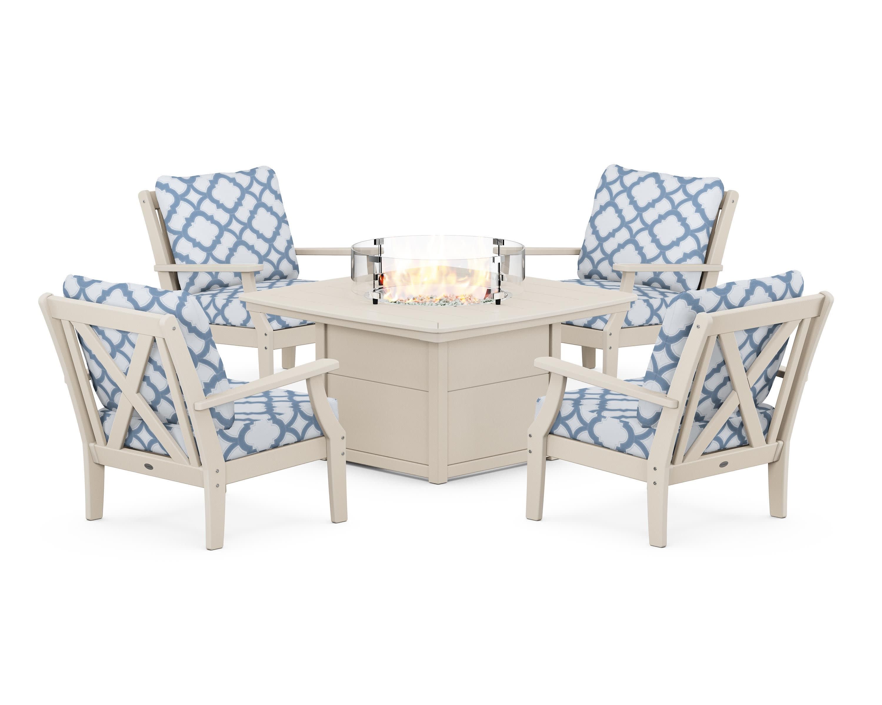 Braxton 5-Piece Deep Seating Conversation Set with Fire Pit Table in Sand / Trellis Sky Blue