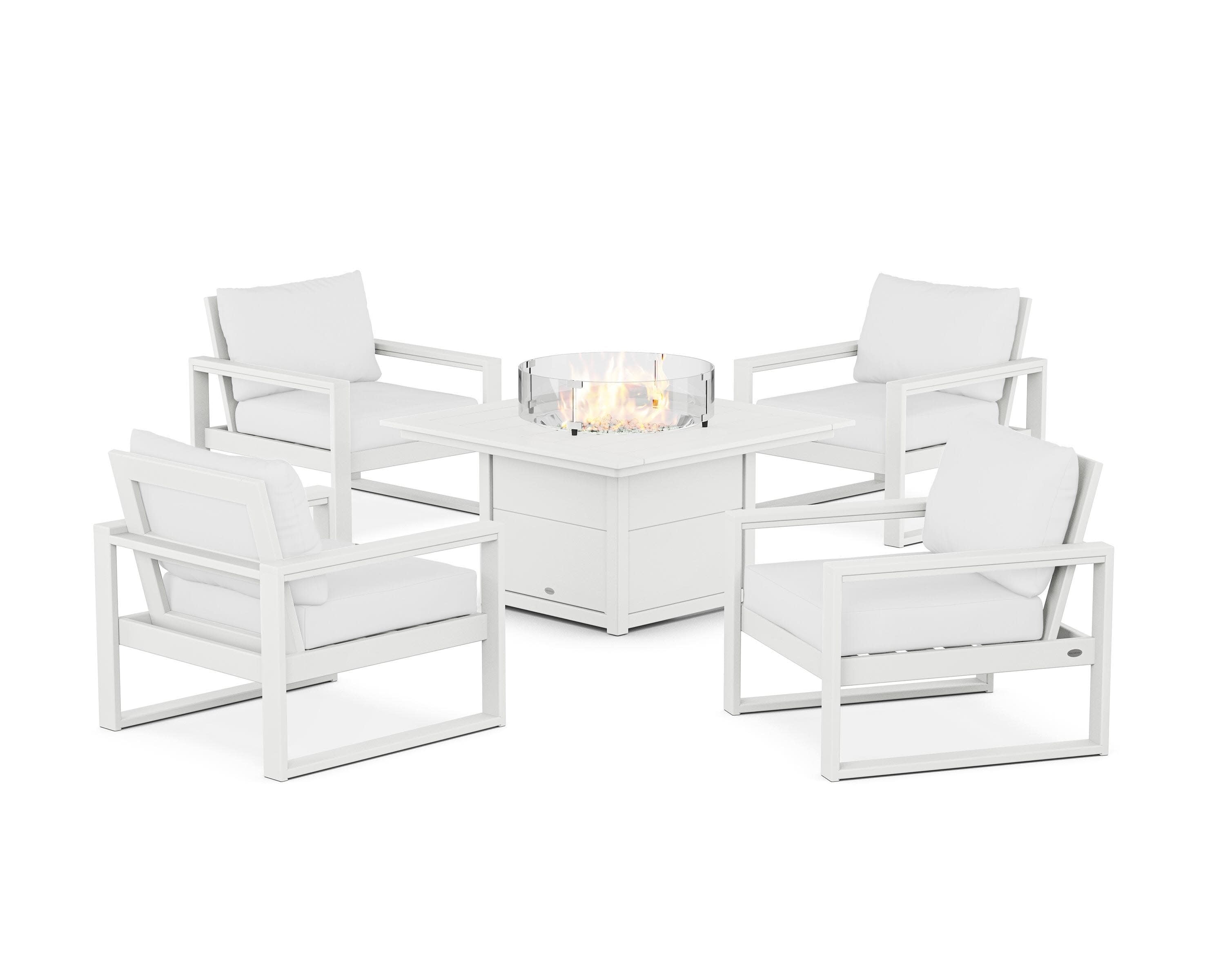 EDGE Sectional 5-Piece Deep Seating Set with Fire Pit Table in White / Natural