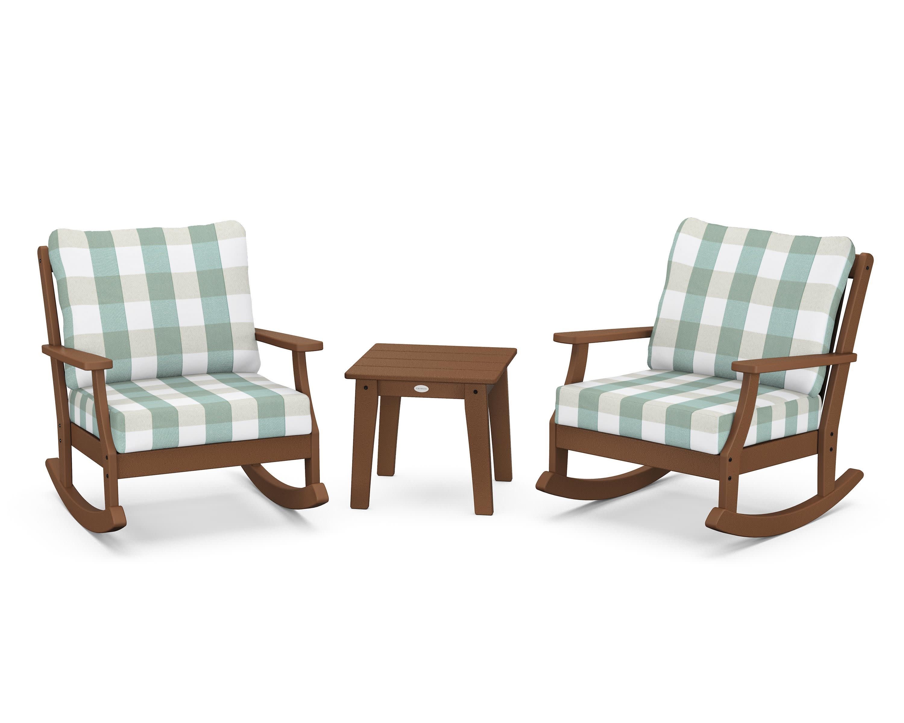 Braxton 3-Piece Deep Seating Rocker Set in Teak / Buffalo Plaid Glacier Spa