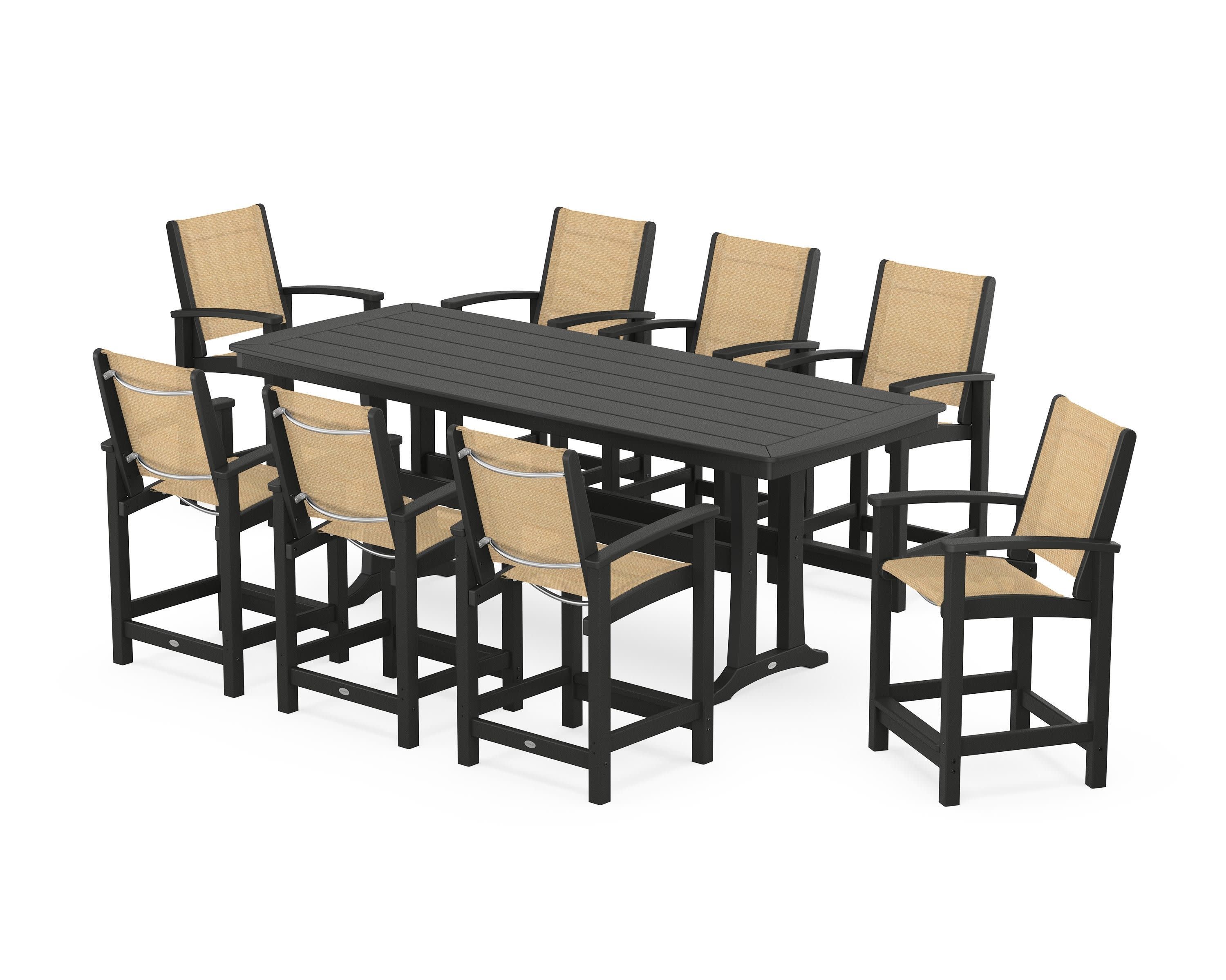 Coastal 9-Piece Counter Set with Trestle Legs in Black / Dupioni Apricot Sling