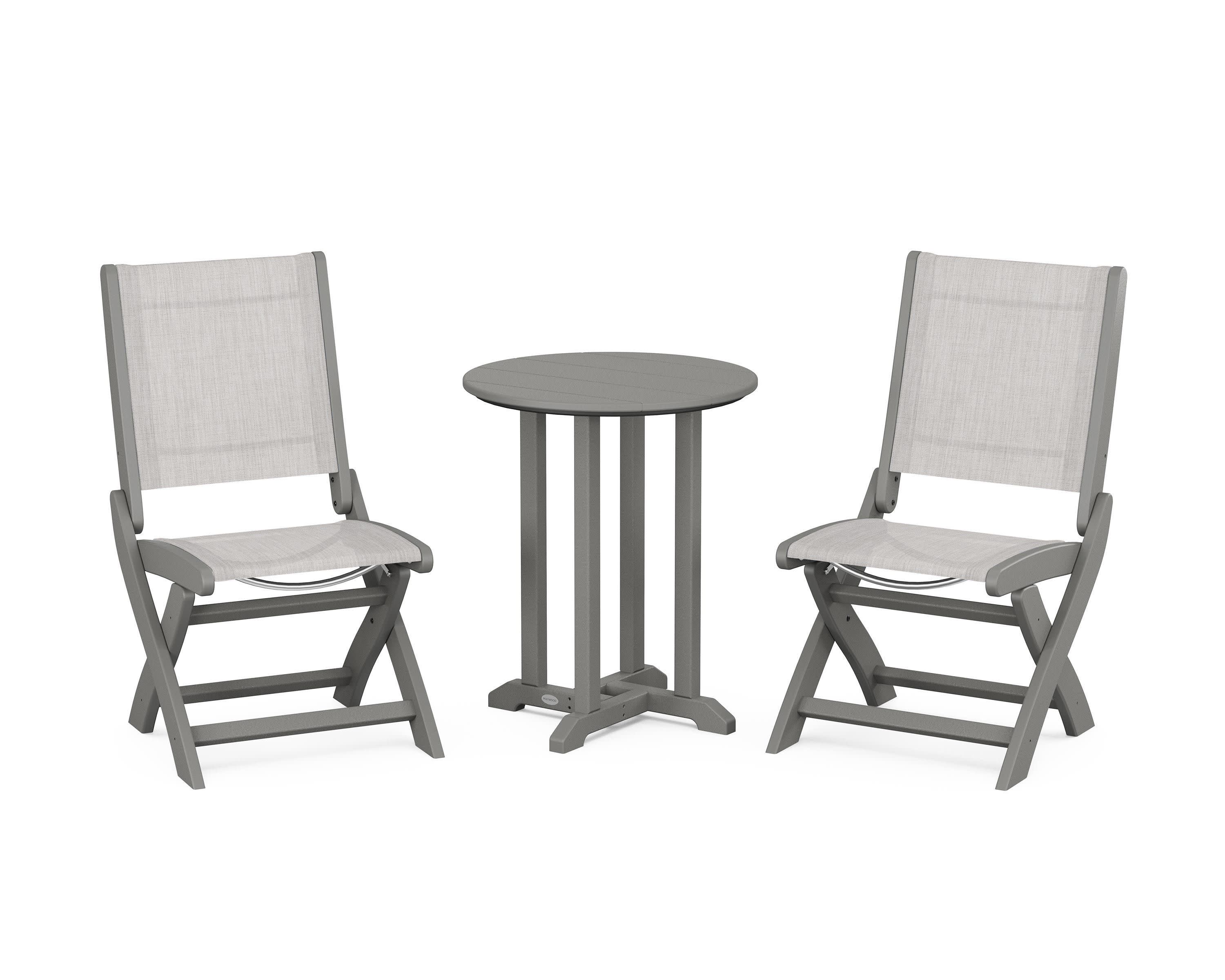 Coastal Folding Side Chair 3-Piece Round Bistro Dining Set in Slate Grey / Parchment Sling