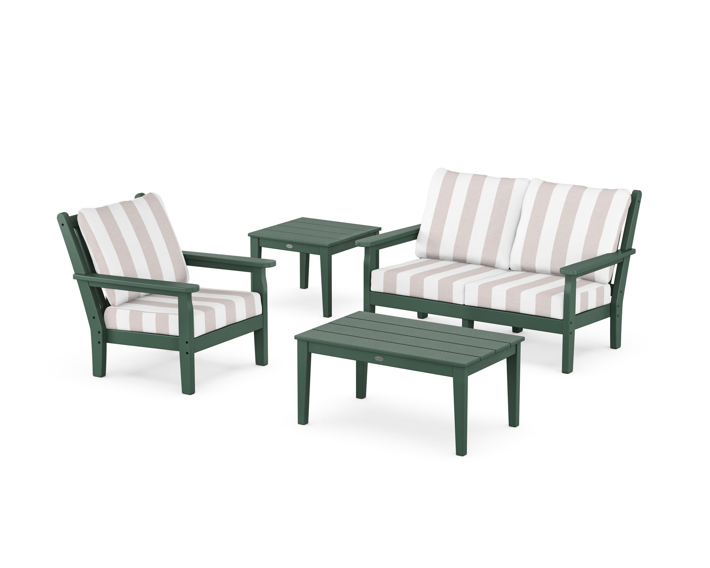 Chippendale 4-Piece Deep Seating Set in Green / Cabana Stripe Dune Burlap