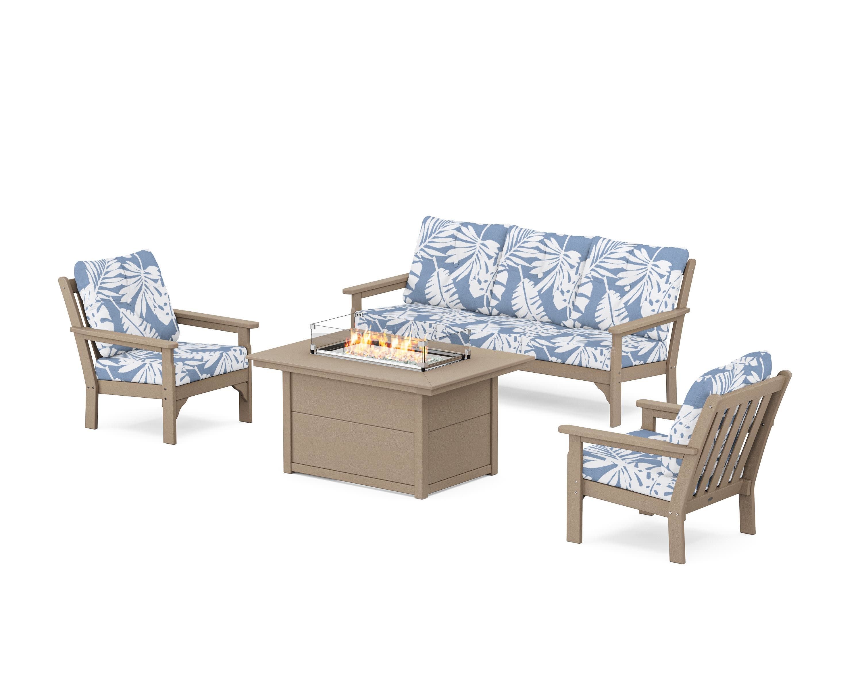 Vineyard Deep Seating Fire Pit Table Set in Vintage Sahara / Leaf Sky Blue