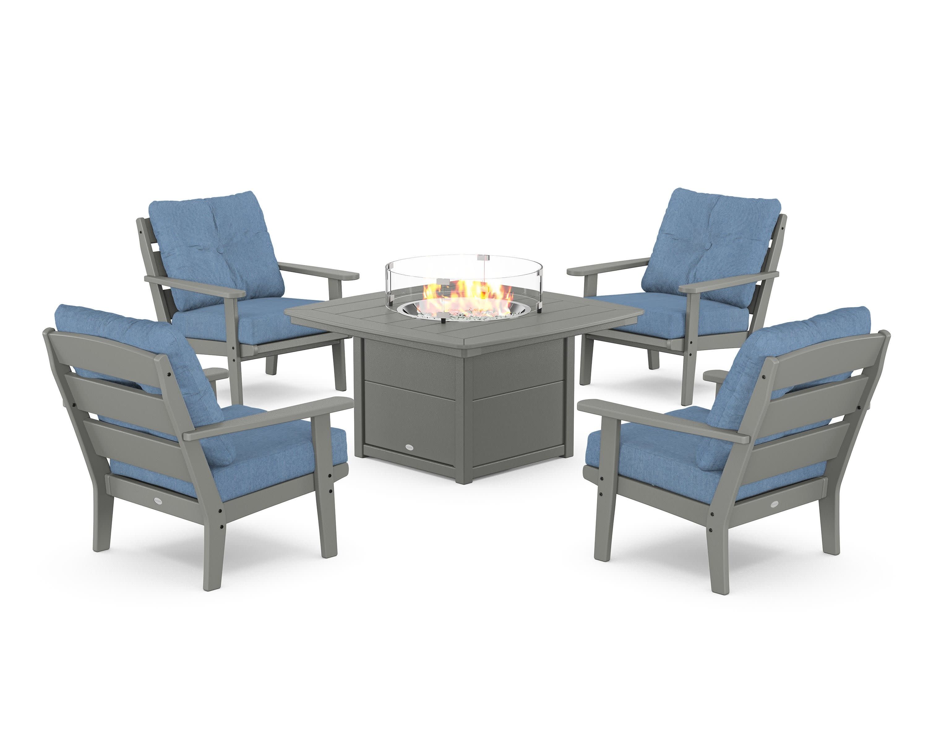Lakeside 5-Piece Deep Seating Set with Nautical Fire Pit Table in Slate Grey / Sky Blue