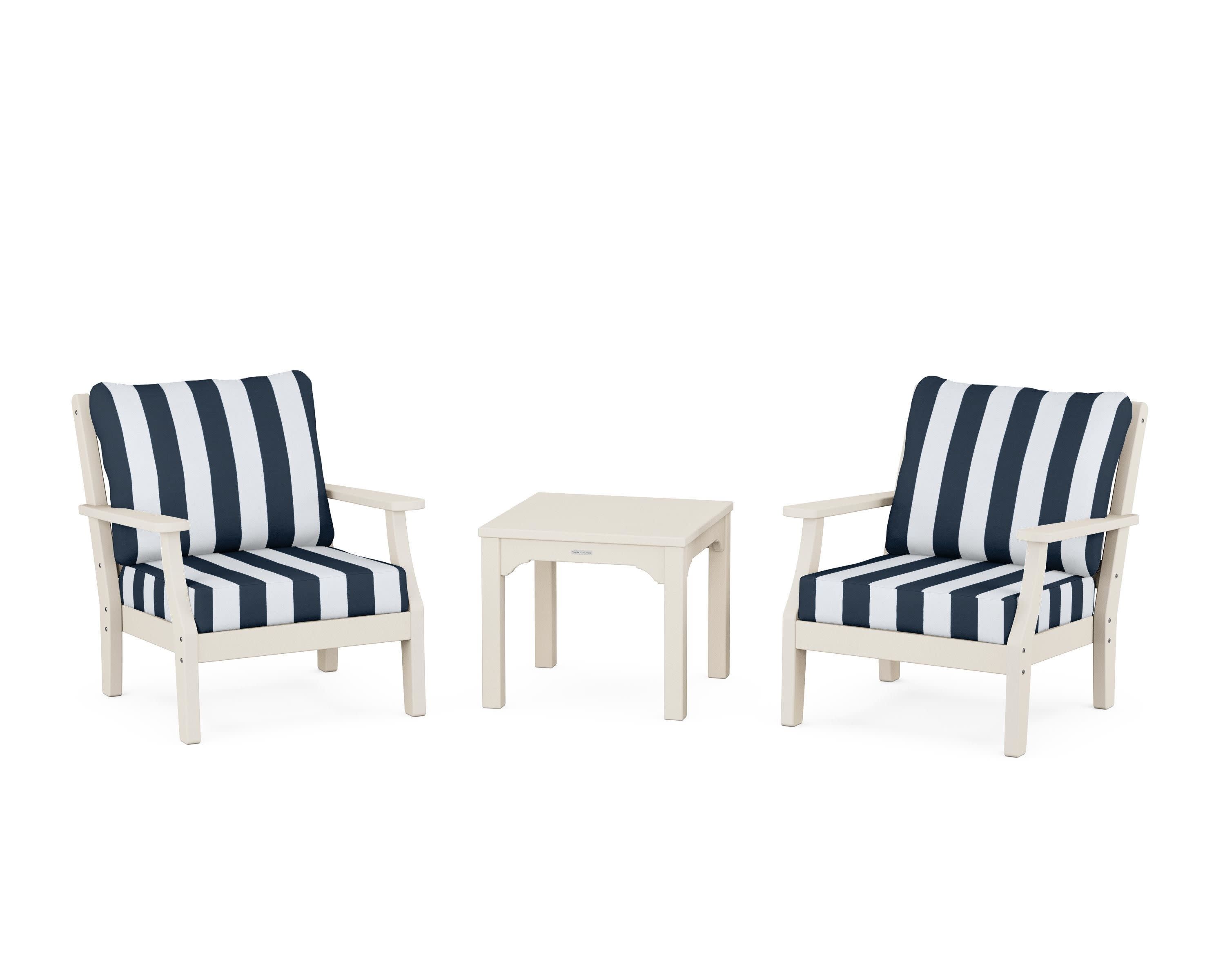 Chinoiserie 3-Piece Deep Seating Set in Sand / Cabana Stripe Marine Indigo