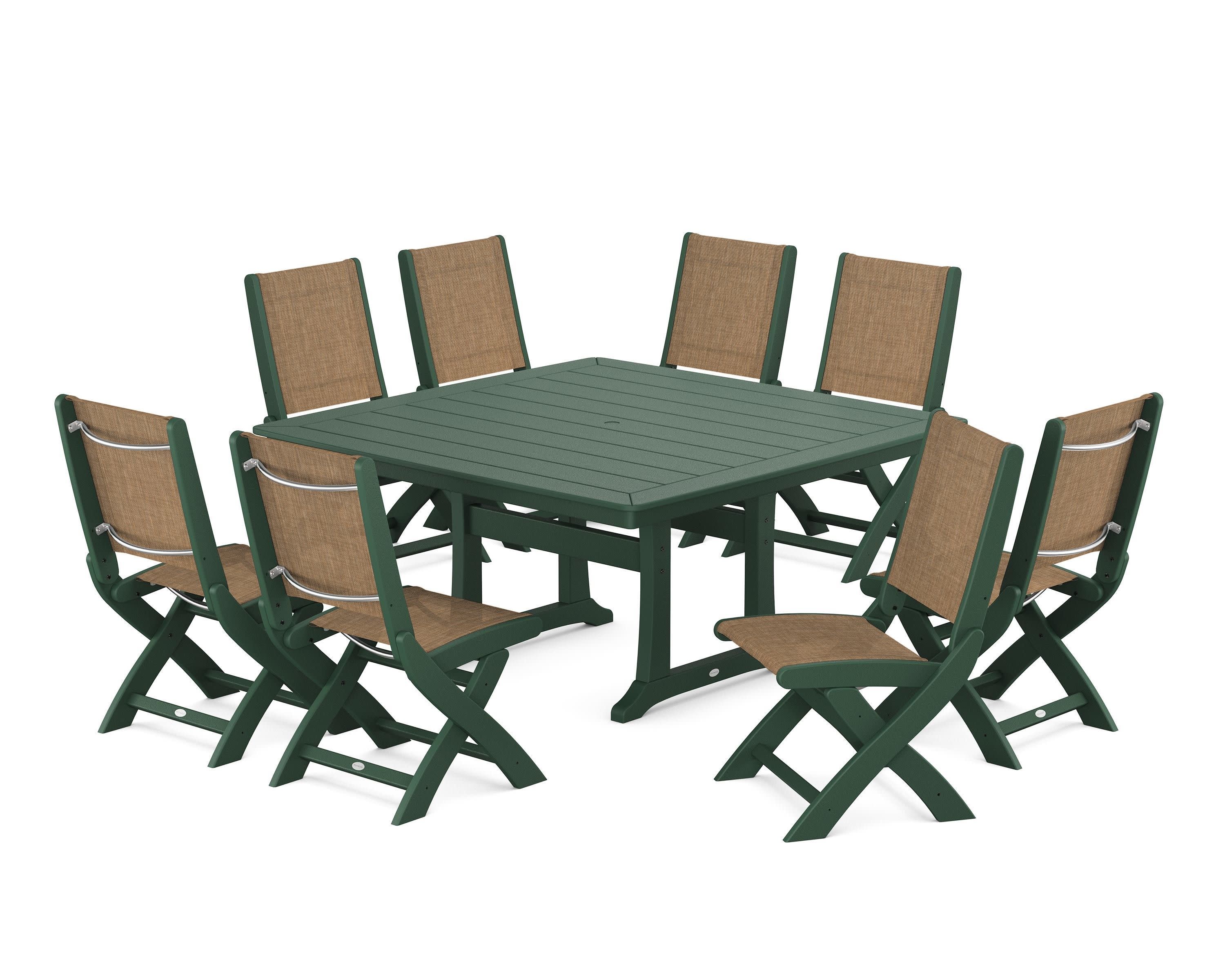 Coastal Folding Side Chair 9-Piece Dining Set with Trestle Legs in Green / Burlap Sling