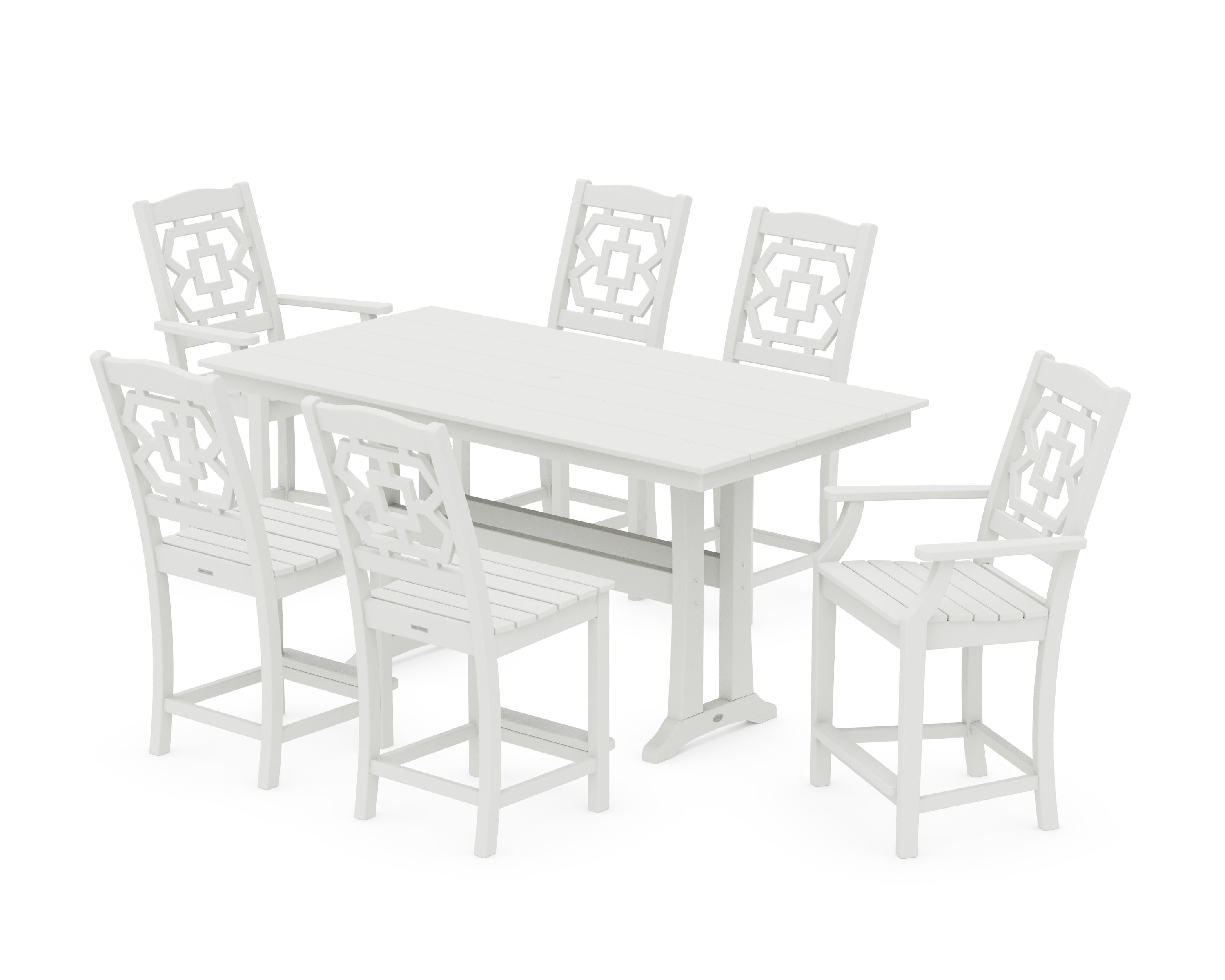 Chinoiserie 7-Piece Farmhouse Counter Set with Trestle Legs in Vintage White