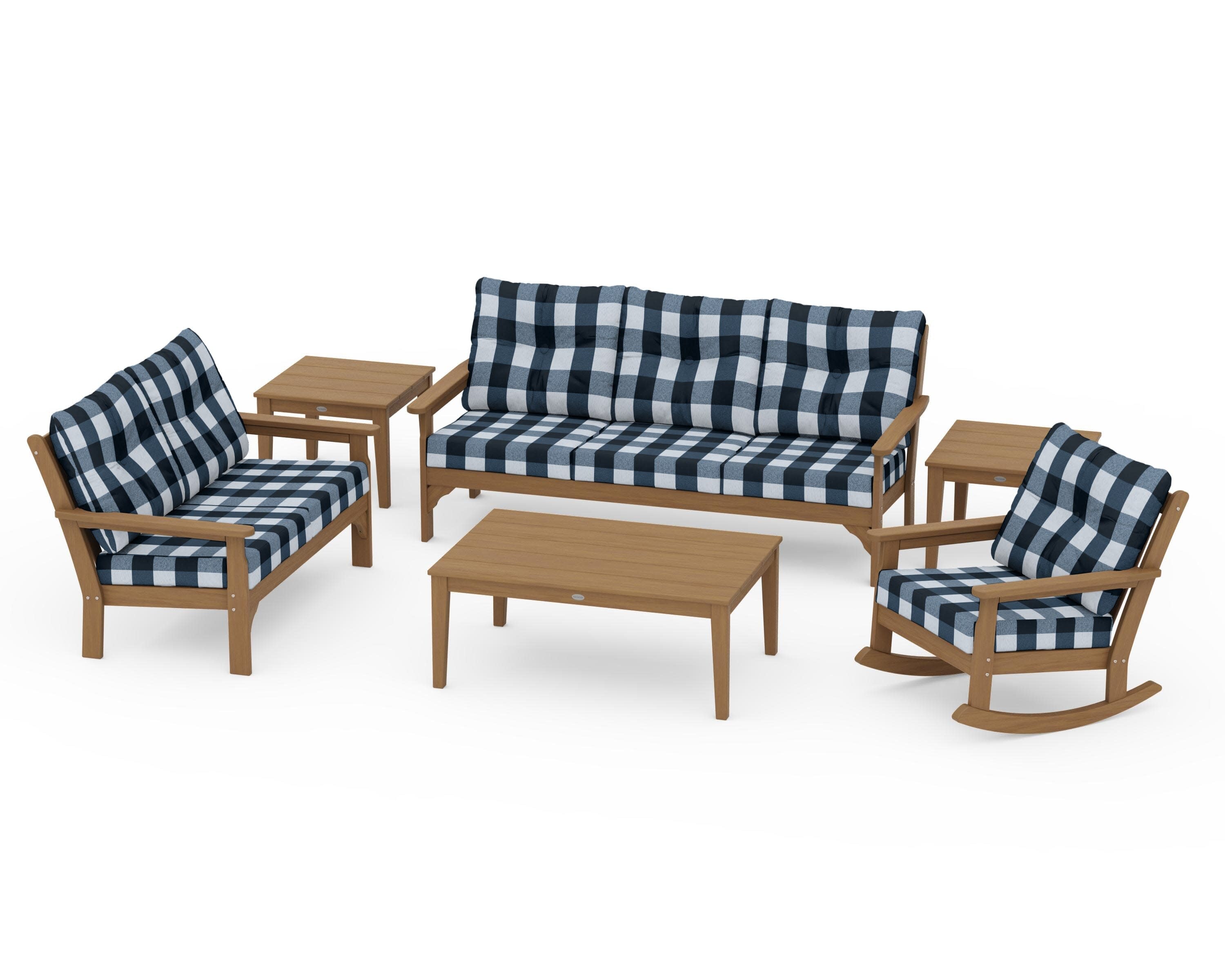 Vineyard 6-Piece Deep Seating Set in Natural / Buffalo Plaid Marine Indigo
