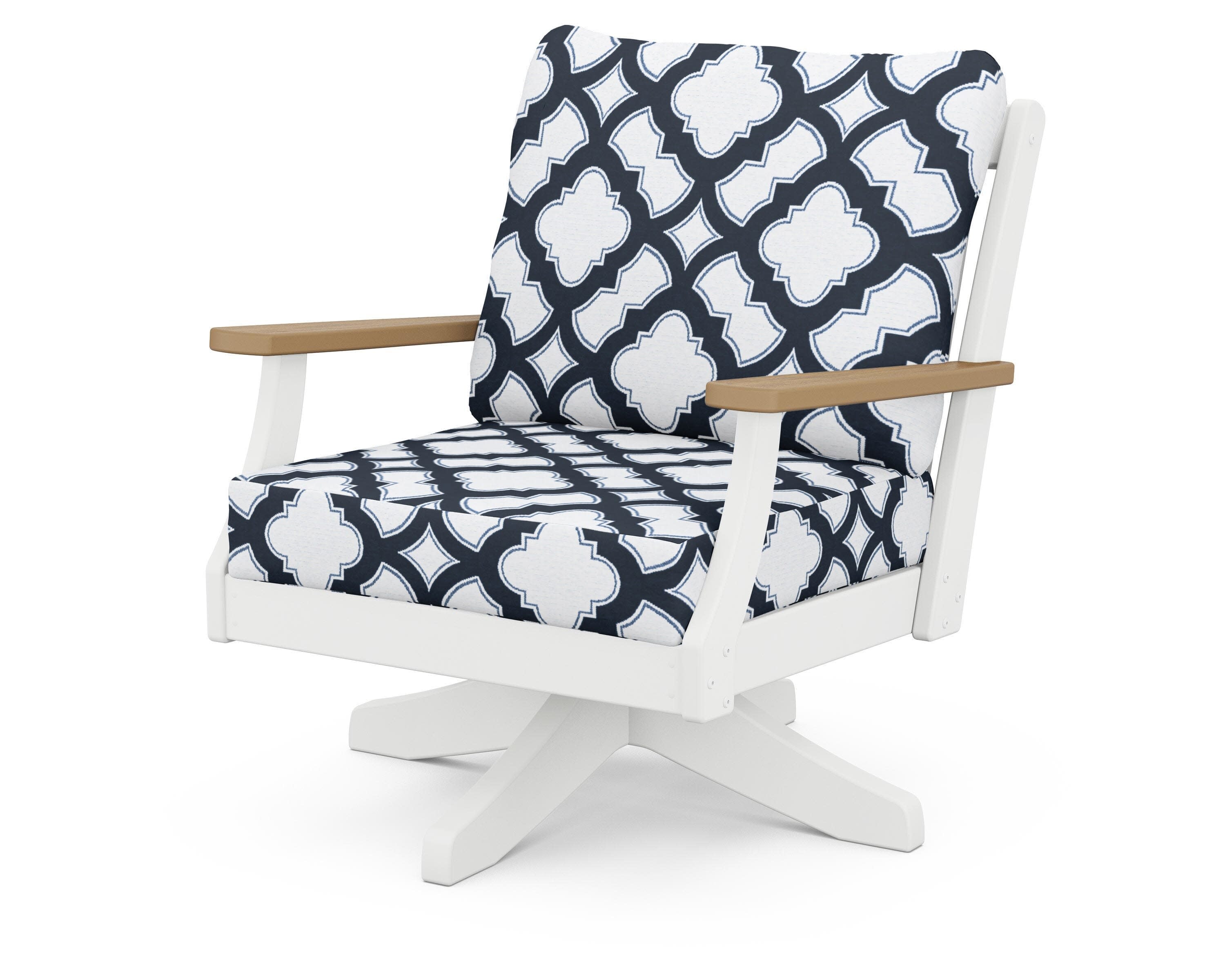 Braxton Deep Seating Swivel Chair in White / Natural / Trellis Marine Indigo