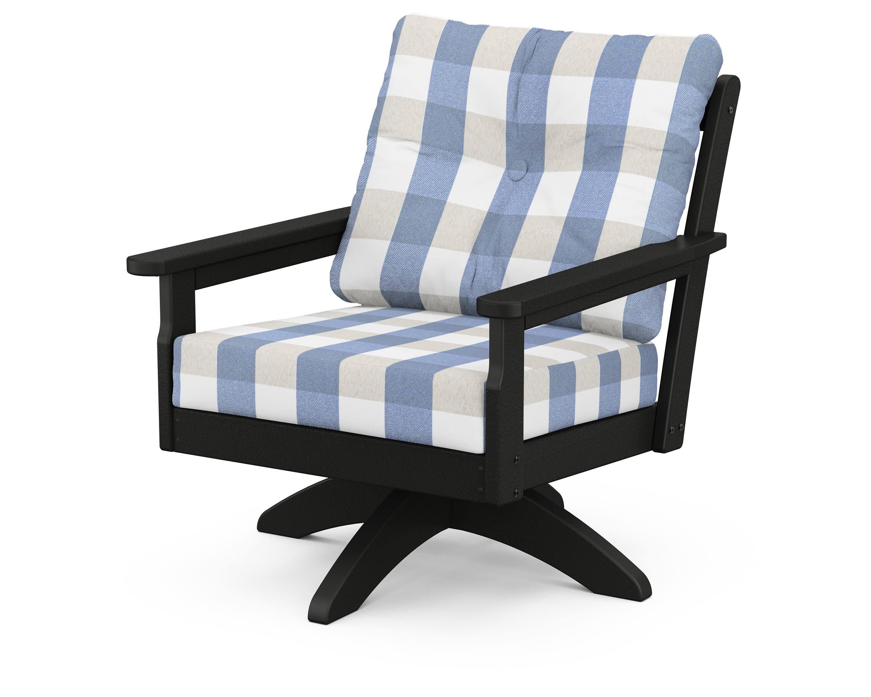 Vineyard Deep Seating Swivel Chair in Black / Buffalo Plaid Sky Blue