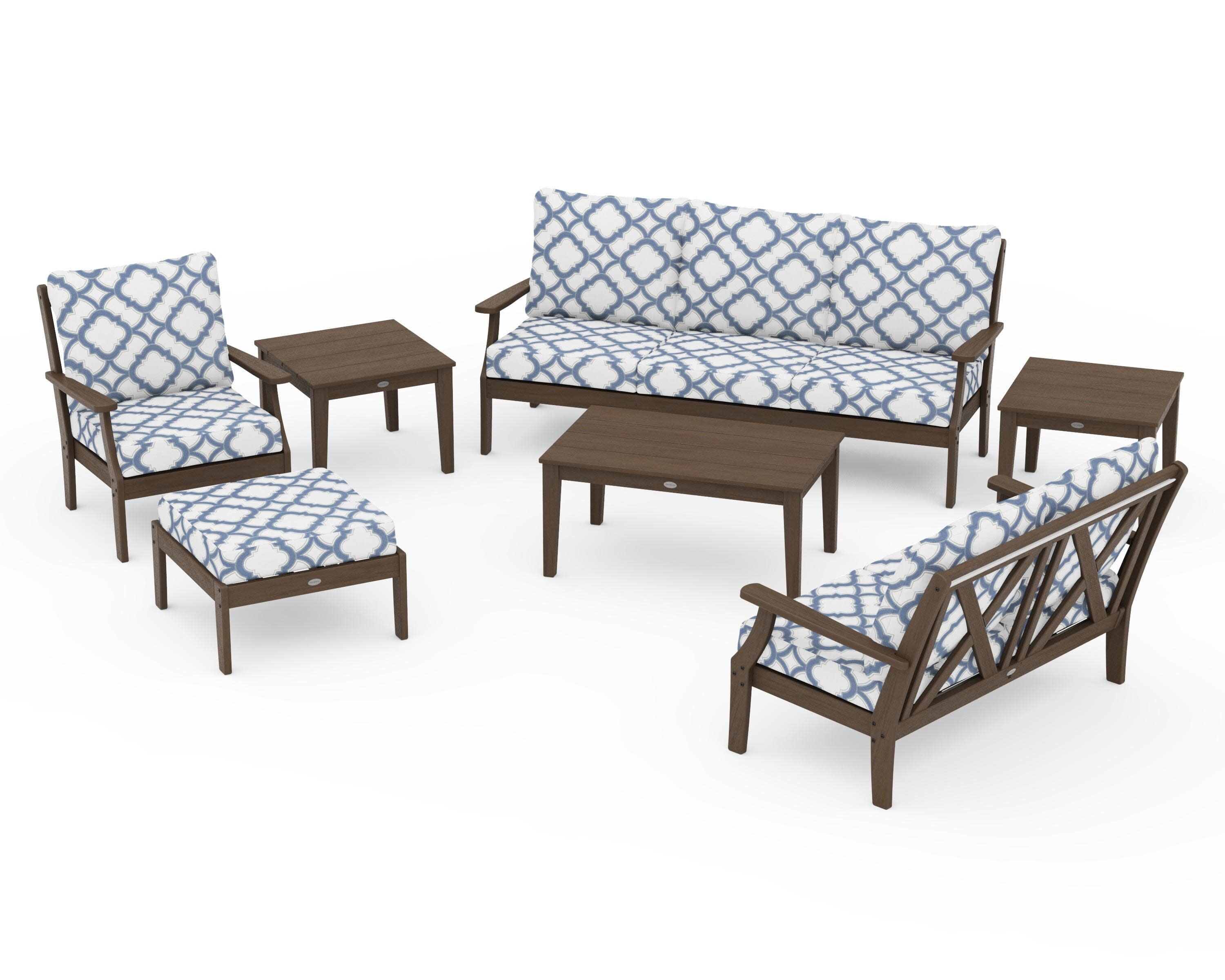 Braxton 7-Piece Deep Seating Set in Kona / Trellis Sky Blue