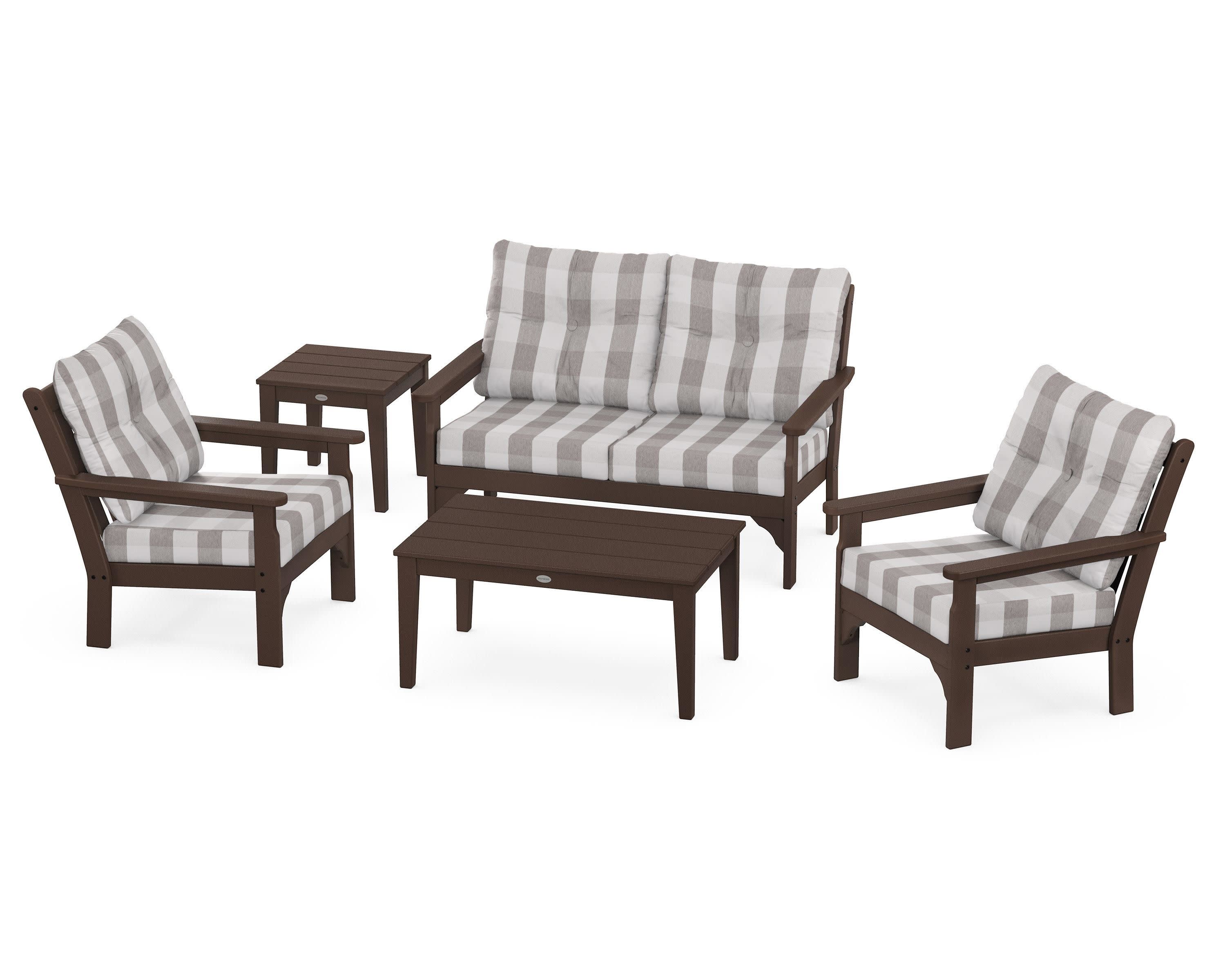 Vineyard 5-Piece Deep Seating Set in Mahogany / Buffalo Plaid Grey Mist