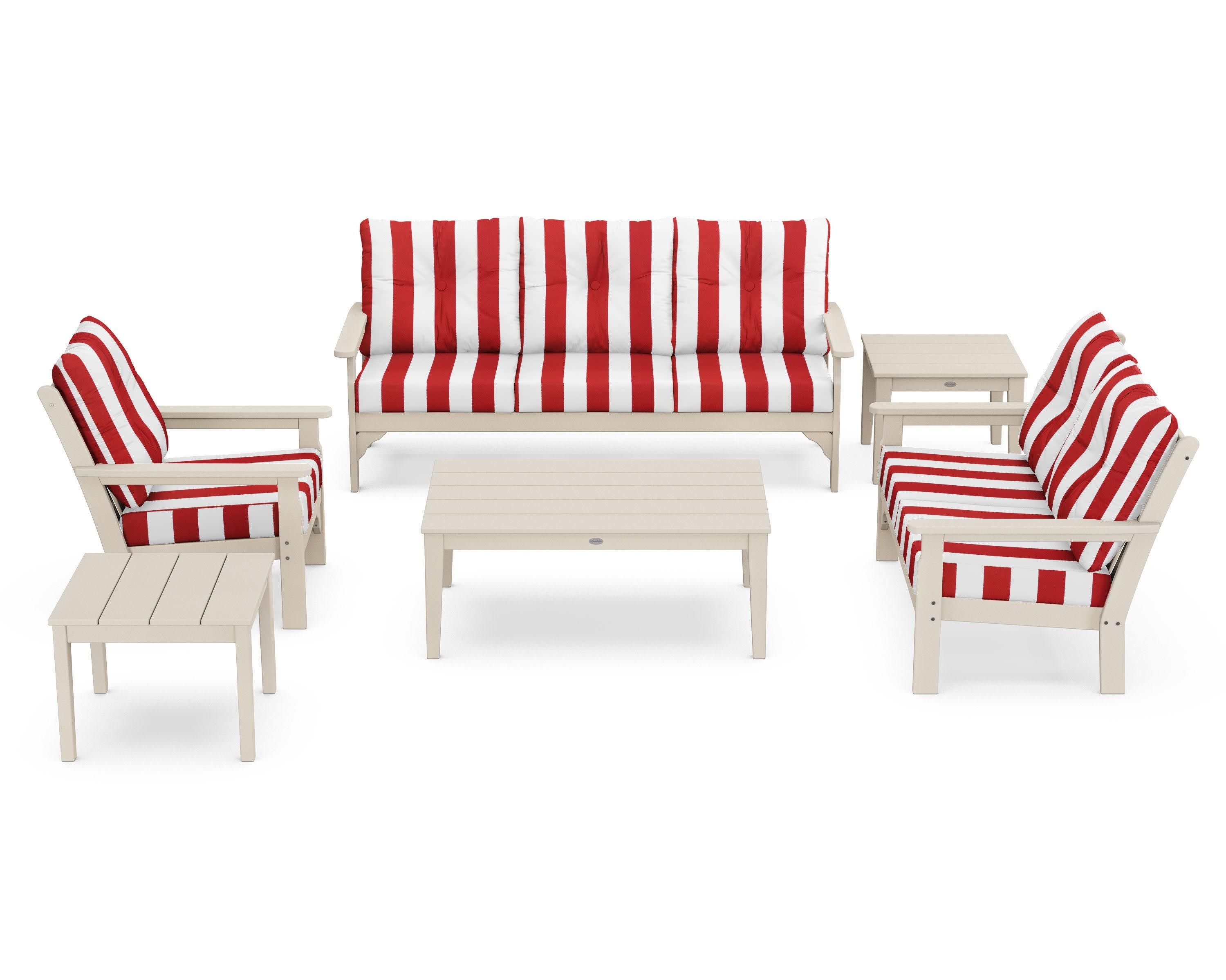 Vineyard 6-Piece Deep Seating Set in Sand / Cabana Stripe Crimson