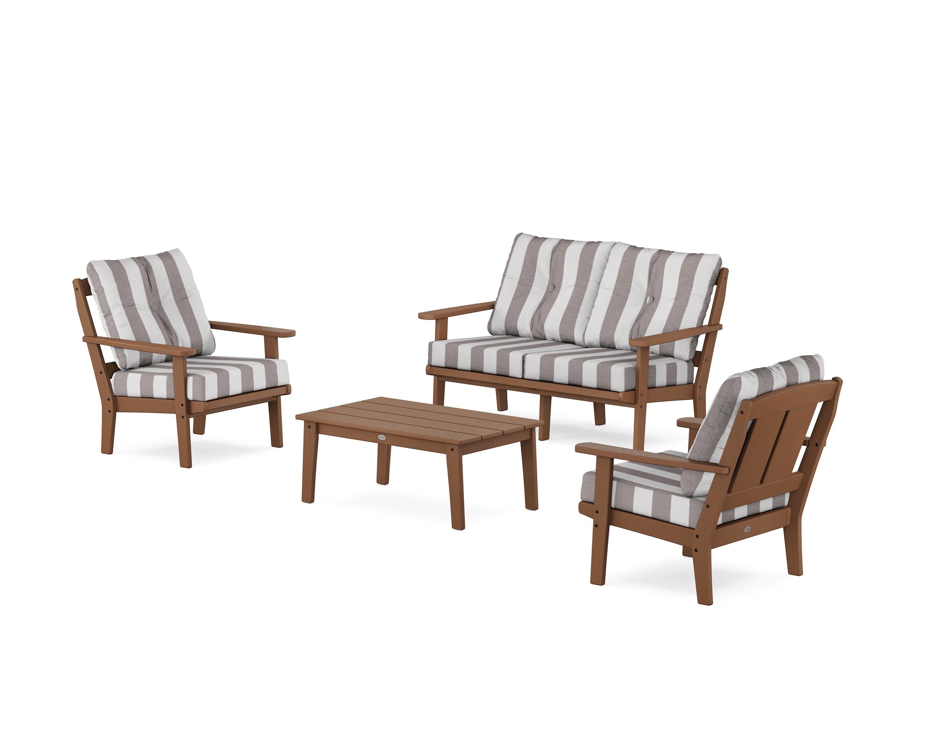 Mission 4-Piece Deep Seating Set with Loveseat in Teak / Cabana Stripe Grey Mist