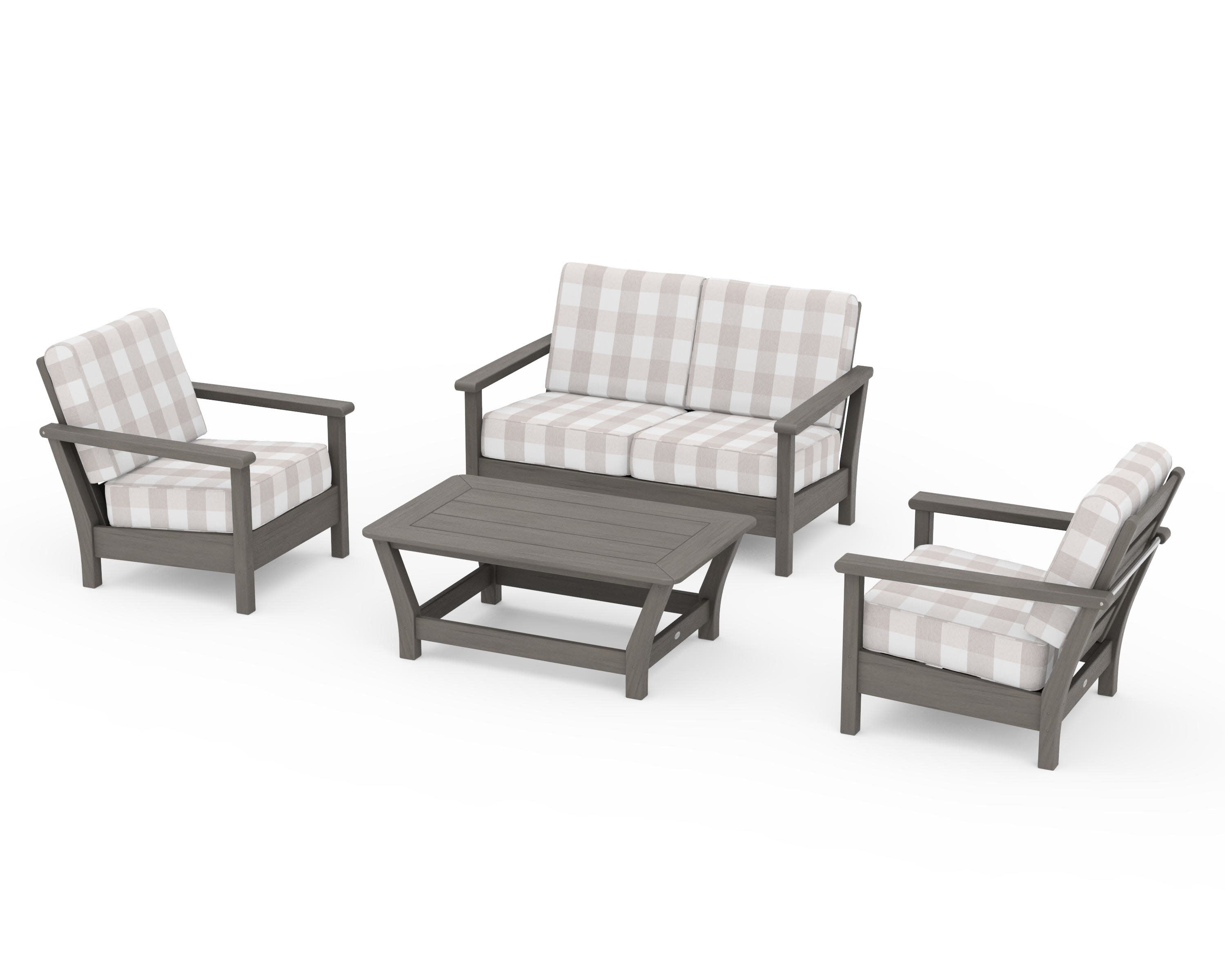 Harbour 4-Piece Deep Seating Set in Driftwood / Buffalo Plaid Dune Burlap
