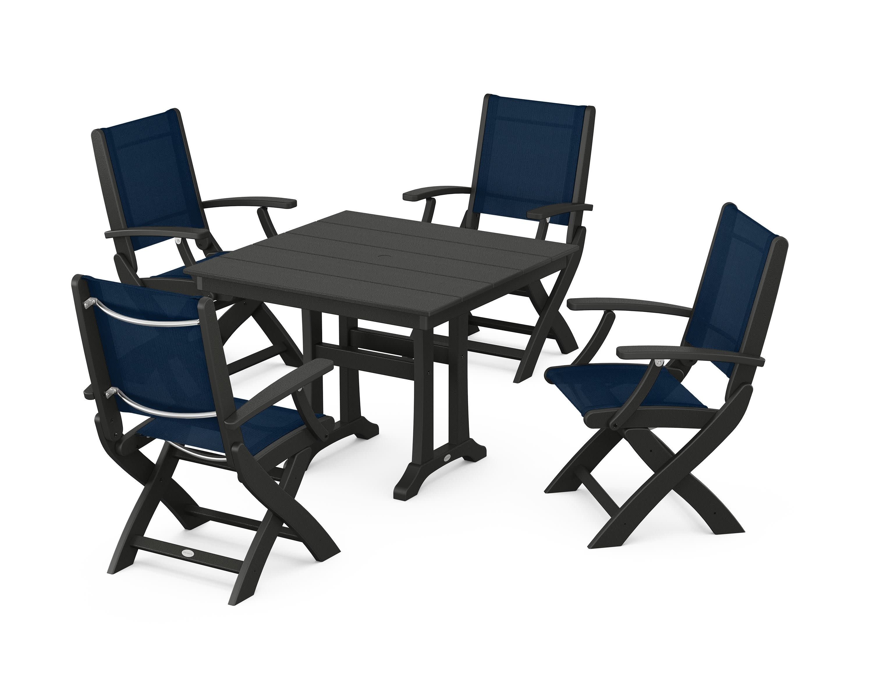 Coastal Folding Chair 5-Piece Farmhouse Dining Set With Trestle Legs in Black / Navy Blue Sling