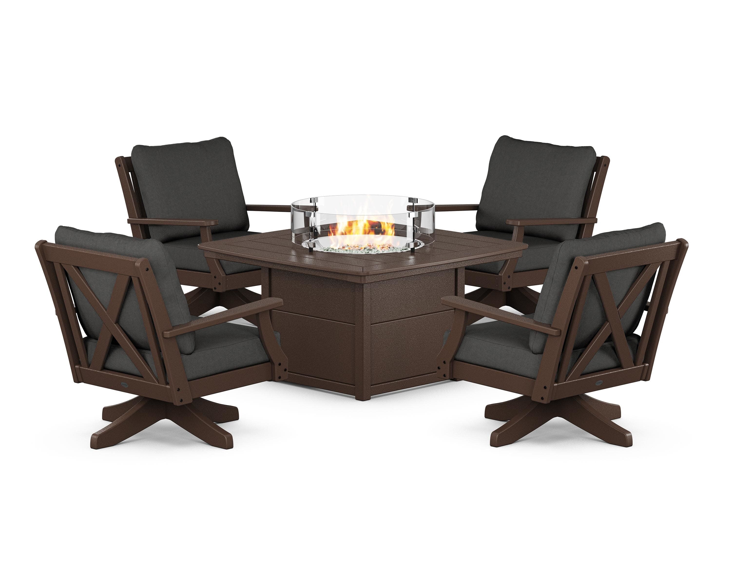 Braxton 5-Piece Deep Seating Swivel Conversation Set with Fire Pit Table in Mahogany / Spectrum Carbon