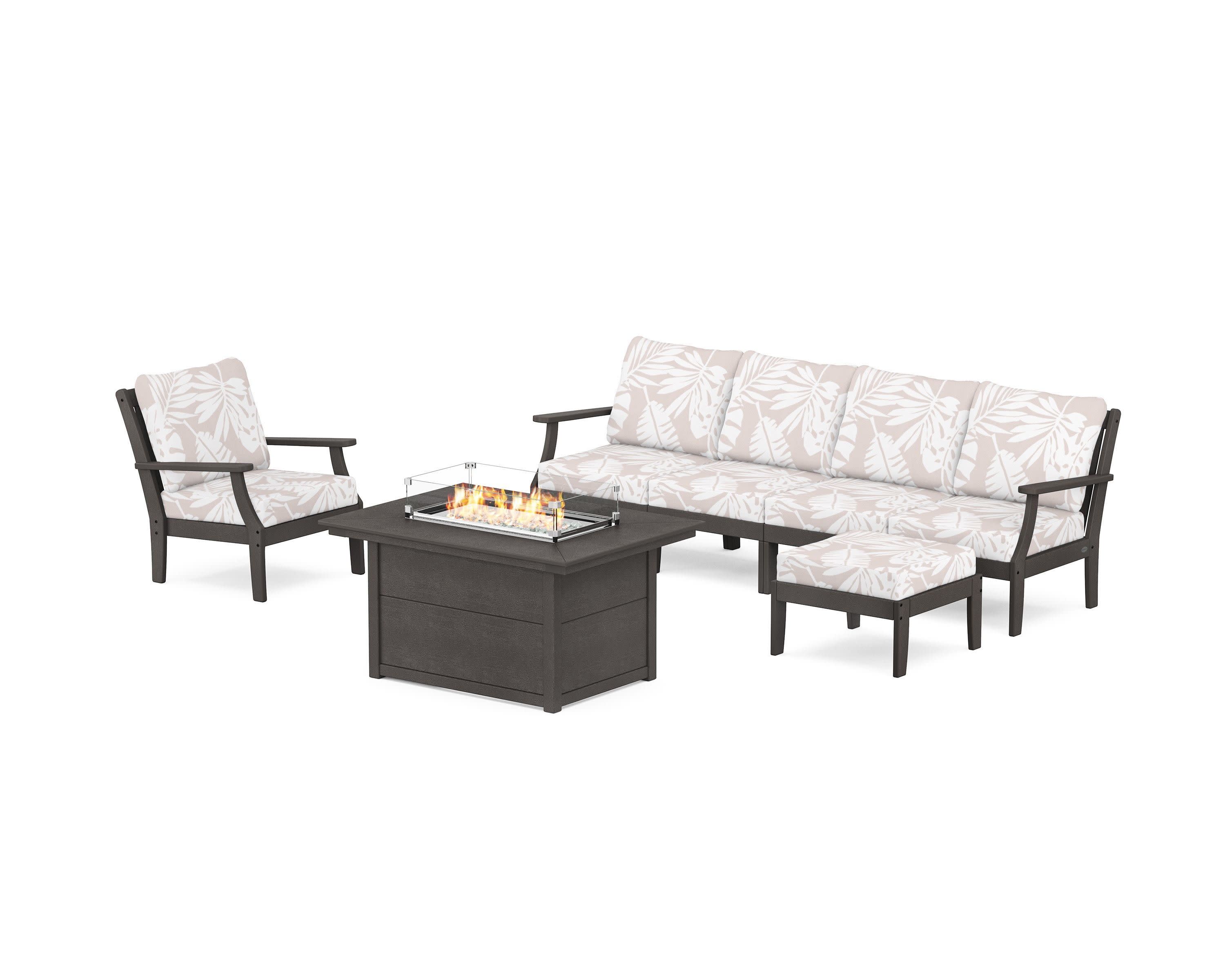 Braxton Sectional Lounge and Fire Pit Set in Vintage Coffee / Leaf Dune Burlap