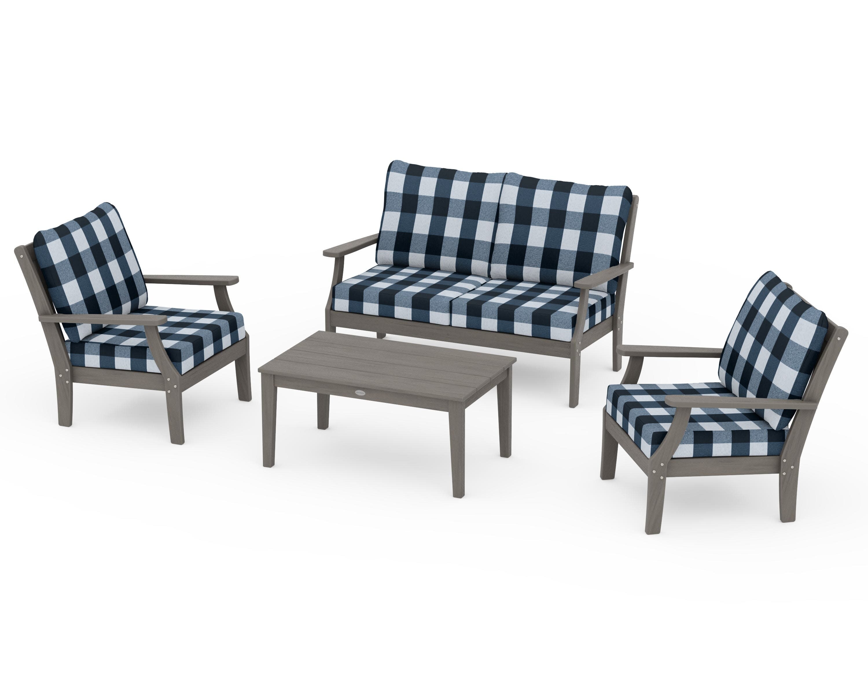 Braxton 4-Piece Deep Seating Chair Set in Driftwood / Buffalo Plaid Marine Indigo