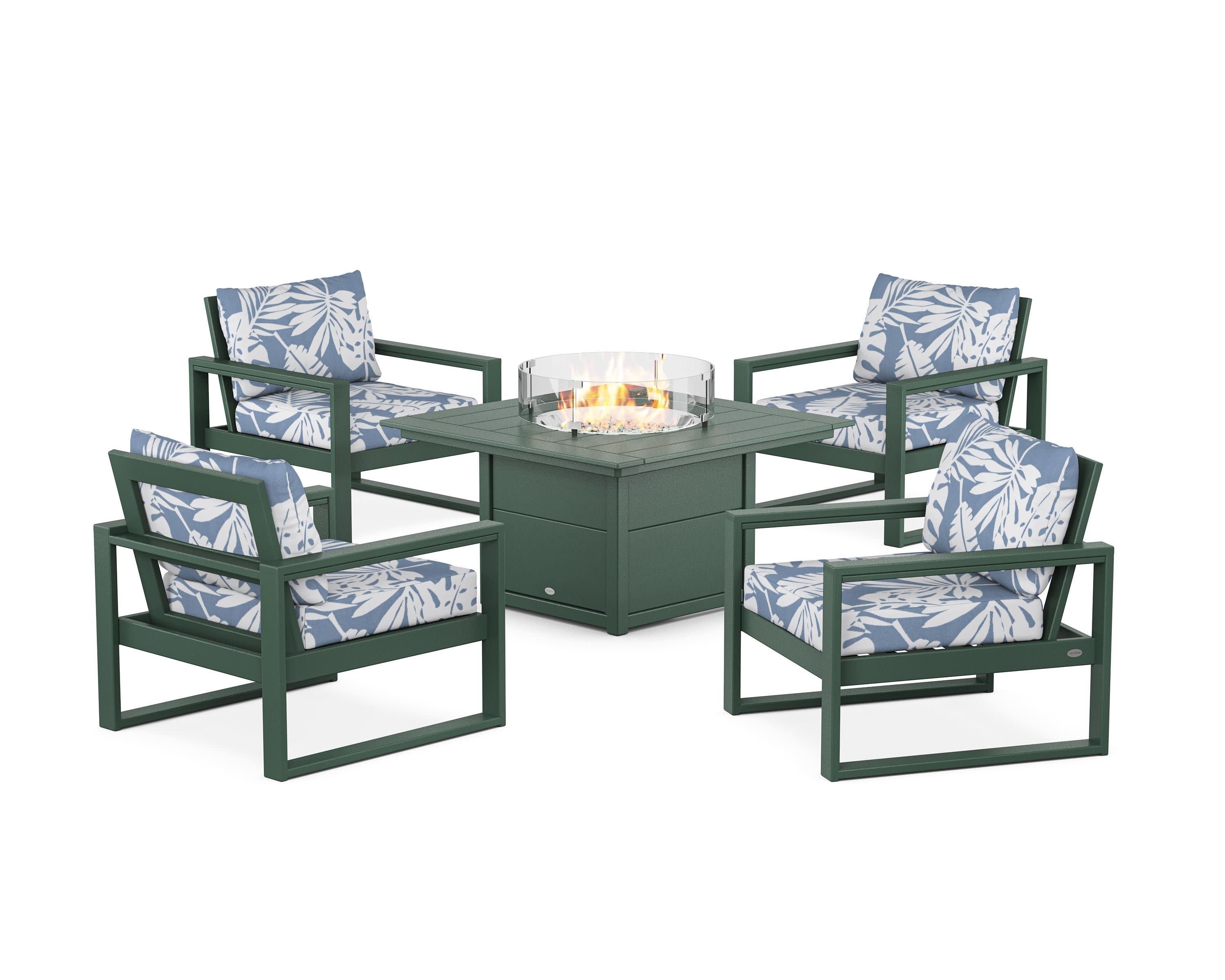 EDGE Sectional 5-Piece Deep Seating Set with Fire Pit Table in Green / Leaf Sky Blue