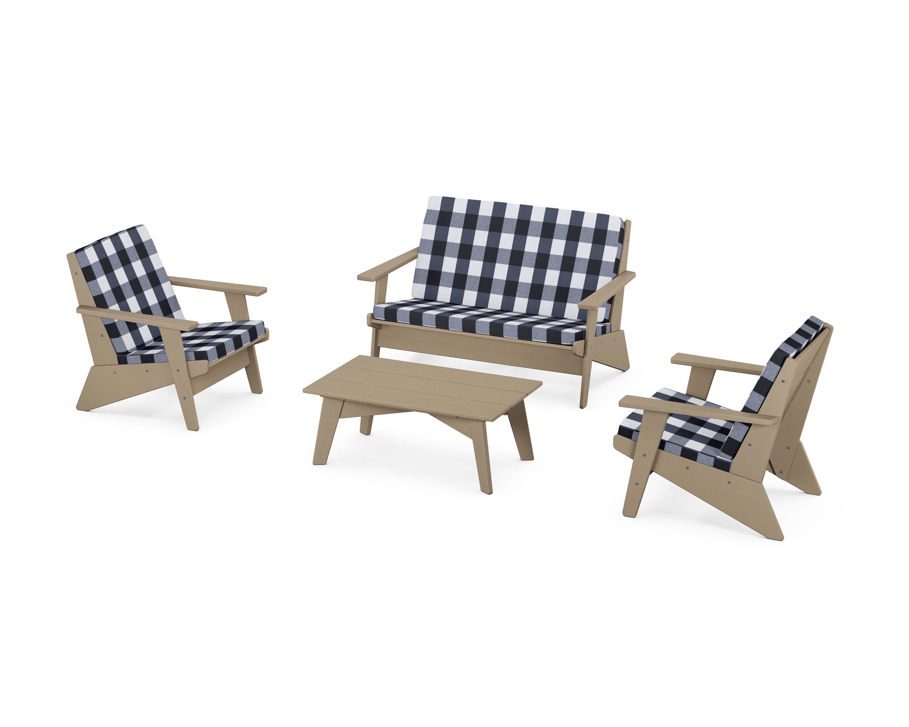 Riviera Modern Lounge 4-Piece Set in Vintage Sahara / Buffalo Plaid Marine Indigo