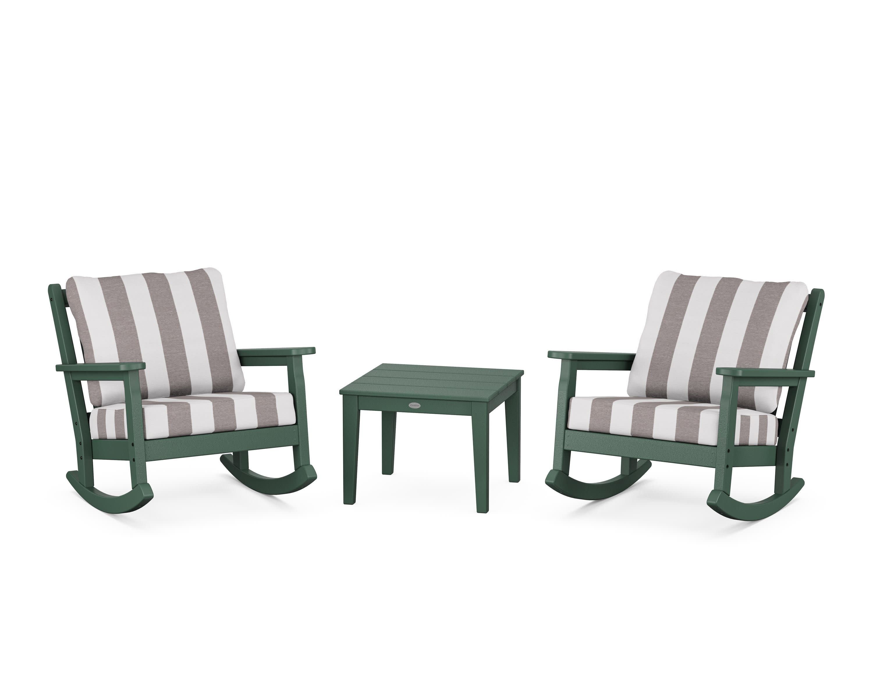 Chippendale 3-Piece Deep Seating Rocker Set in Green / Cabana Stripe Grey Mist