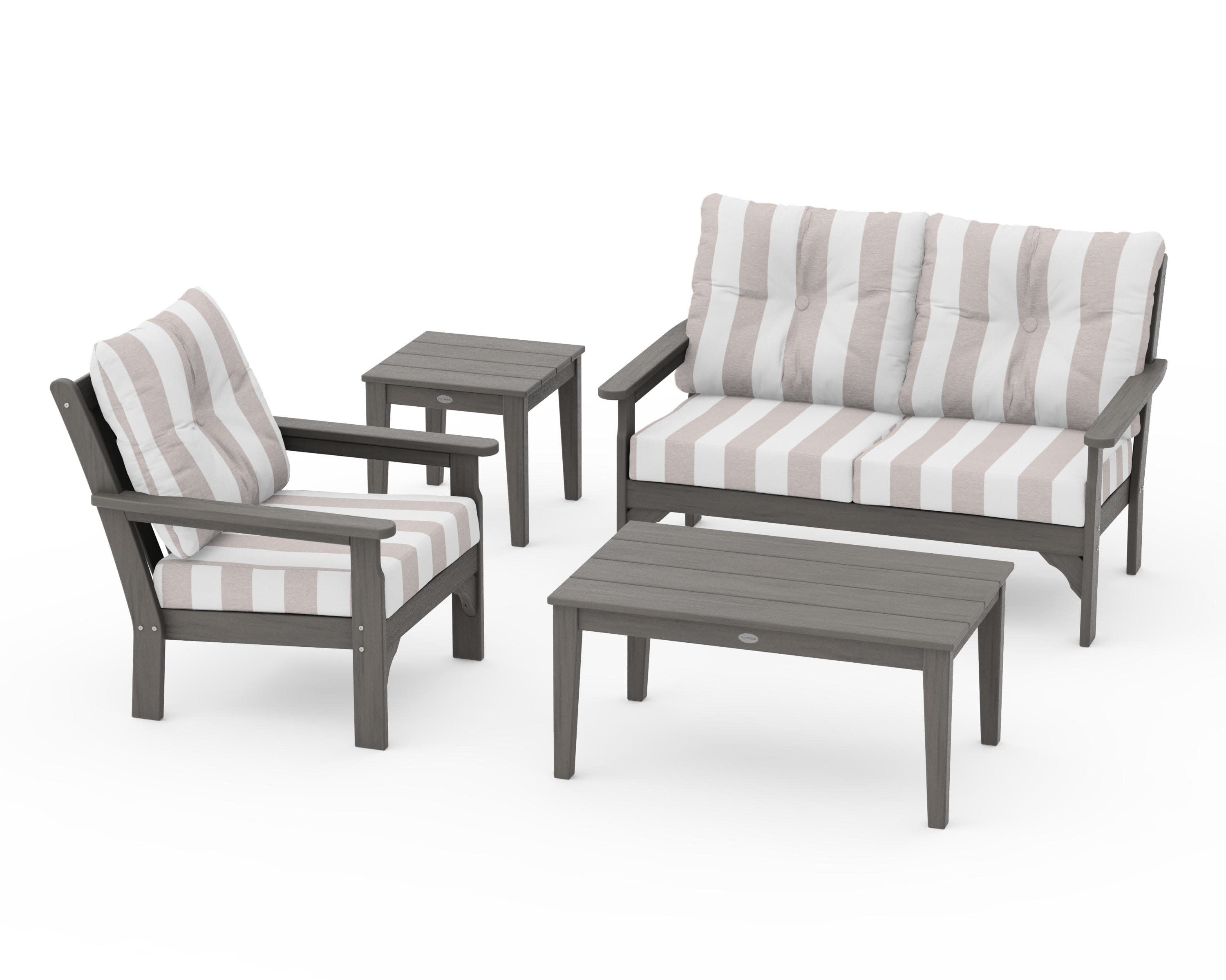 Vineyard 4-Piece Deep Seating Set in Driftwood / Cabana Stripe Dune Burlap