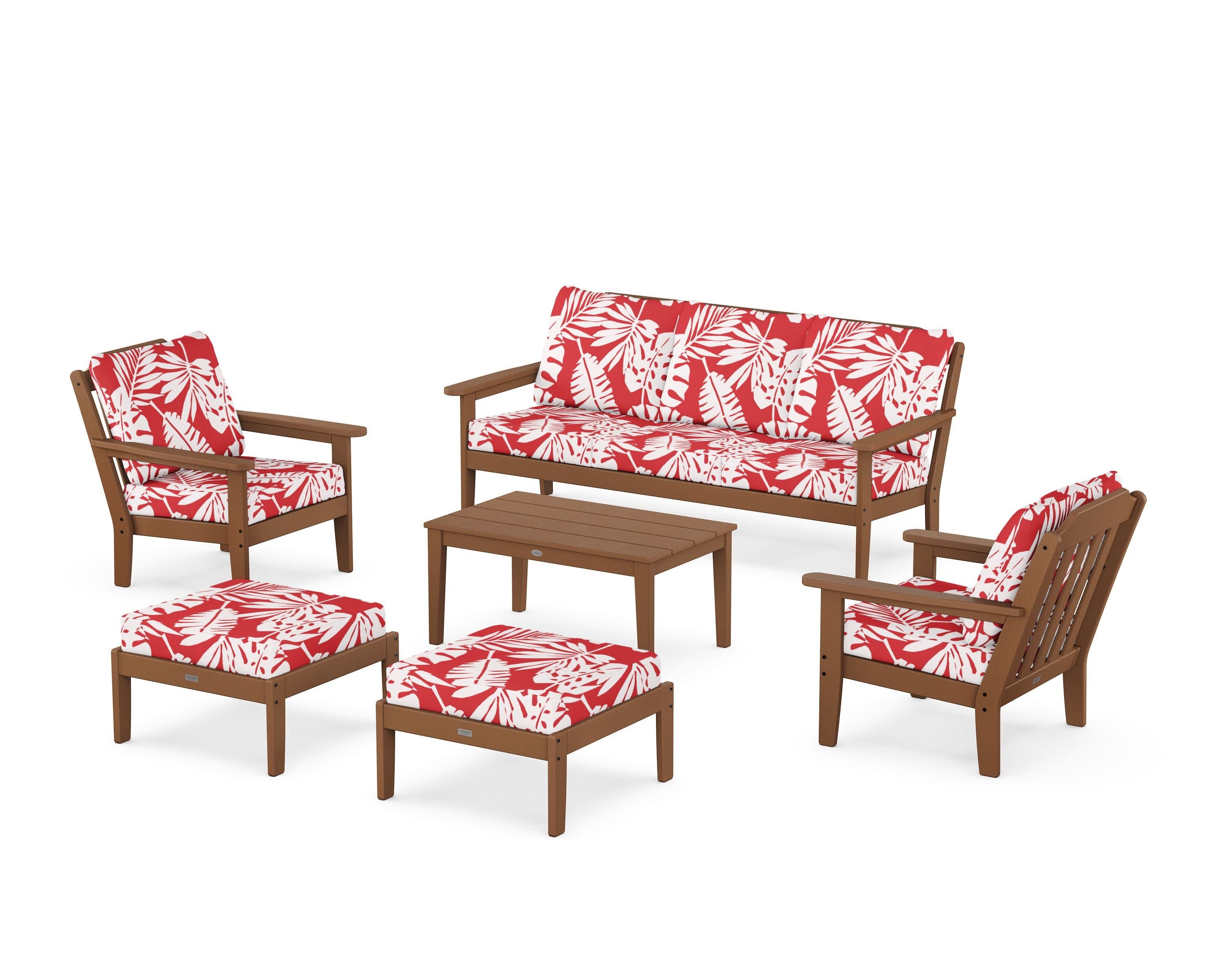Cottage 6-Piece Lounge Sofa Set in Teak / Leaf Crimson