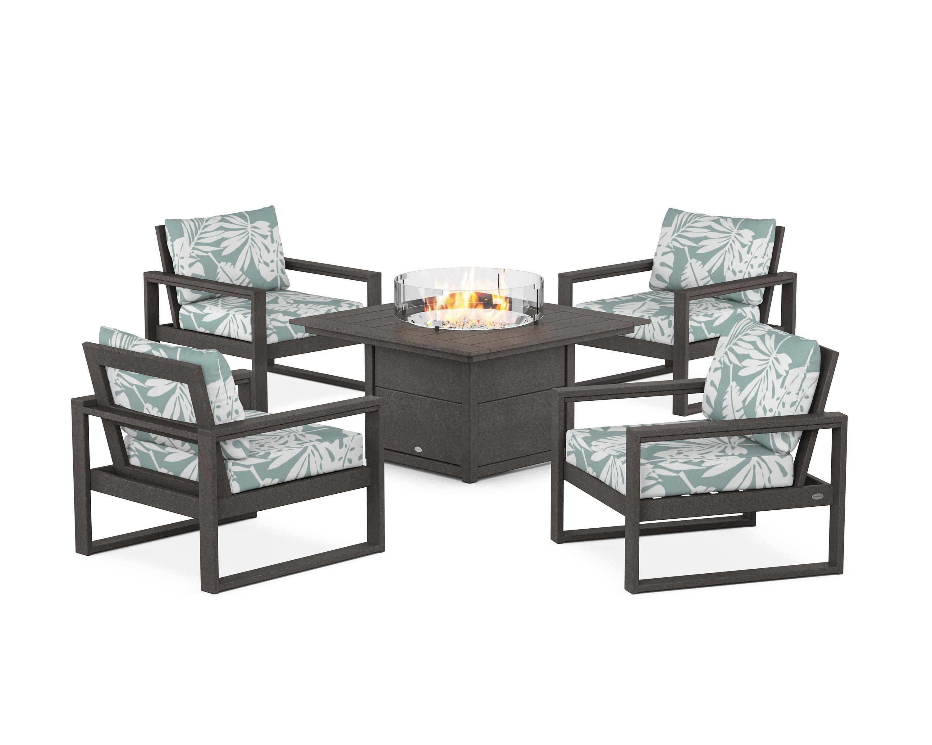 EDGE Sectional 5-Piece Deep Seating Set with Fire Pit Table in Vintage Coffee / Leaf Glacier Spa