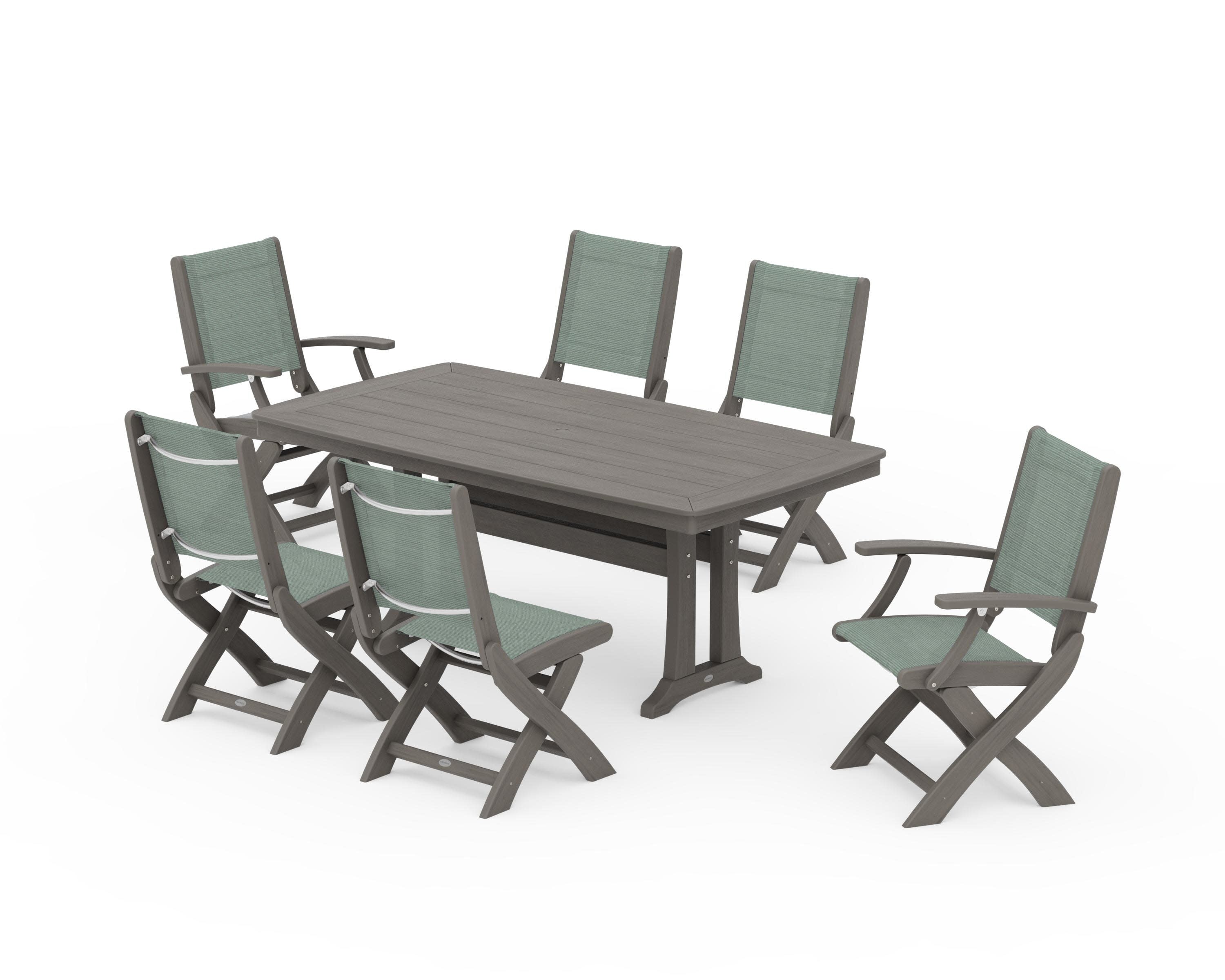 Coastal Folding Chair 7-Piece Dining Set with Trestle Legs in Driftwood / Dupioni Sea Mist Sling