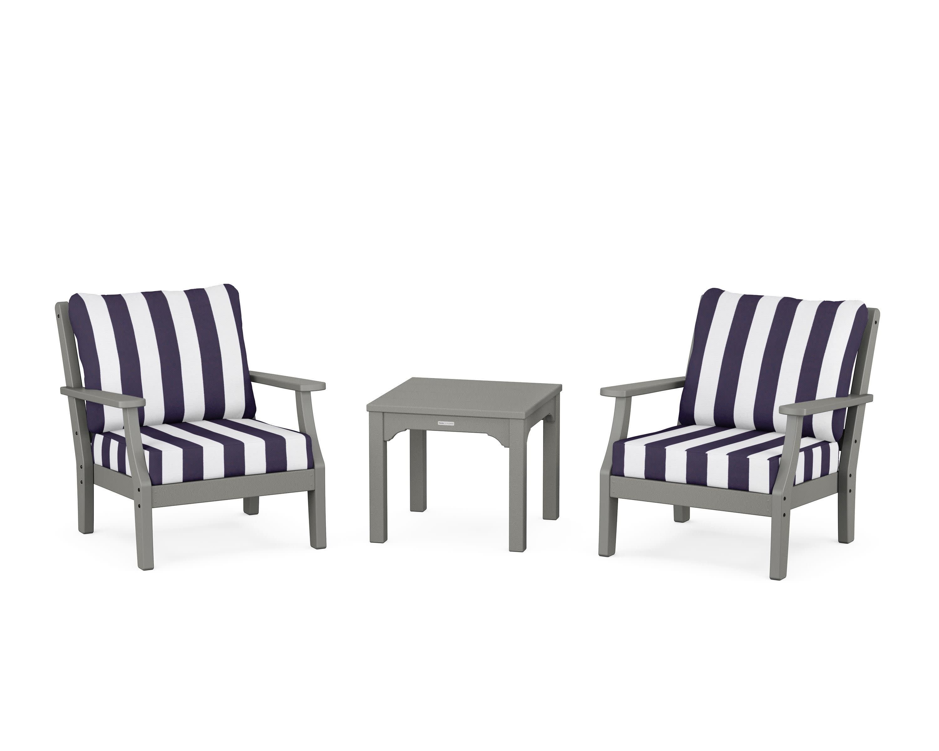 Chinoiserie 3-Piece Deep Seating Set in Slate Grey / Cabana Stripe Navy