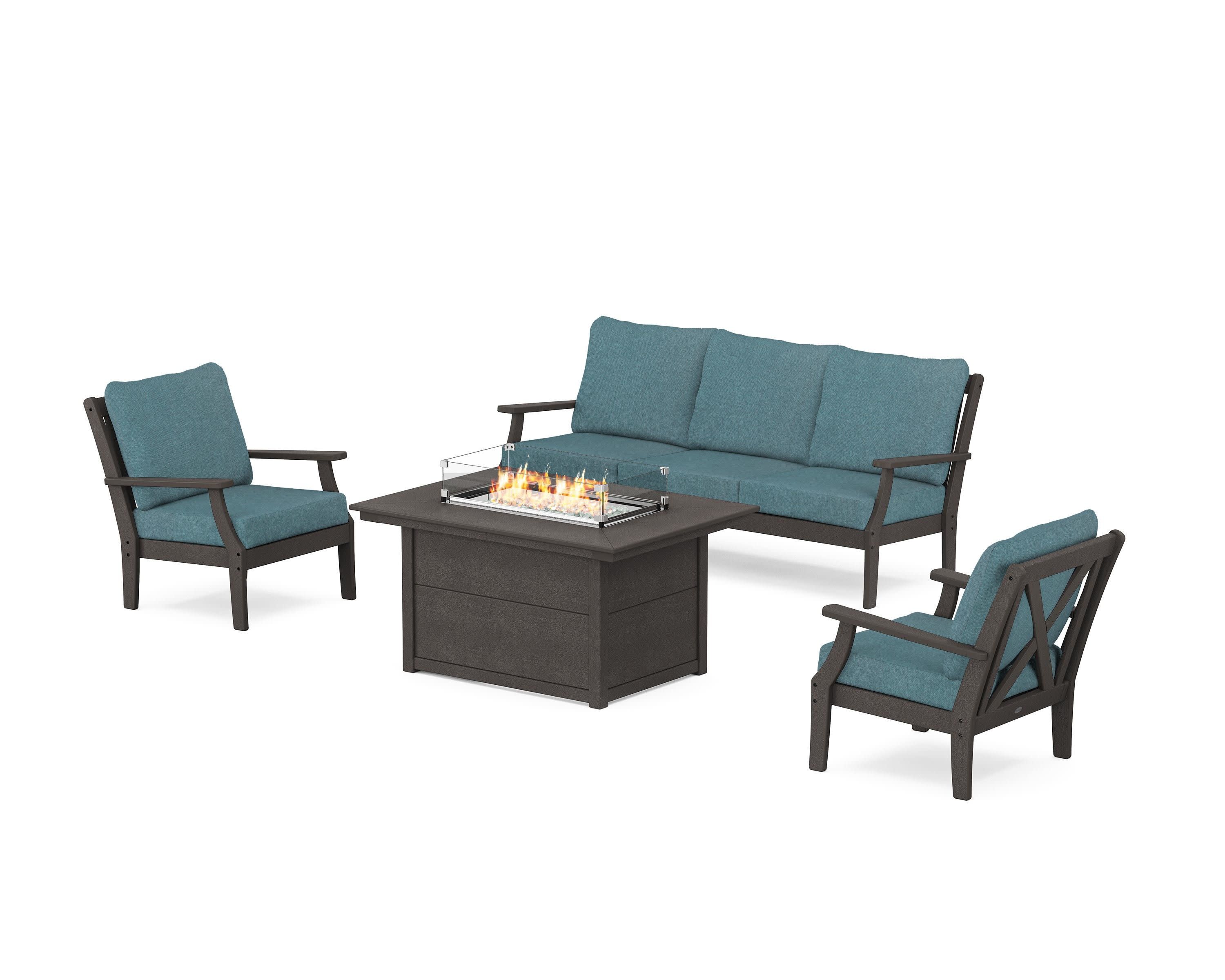 Braxton Deep Seating Fire Pit Table Set in Vintage Coffee / Ocean Teal