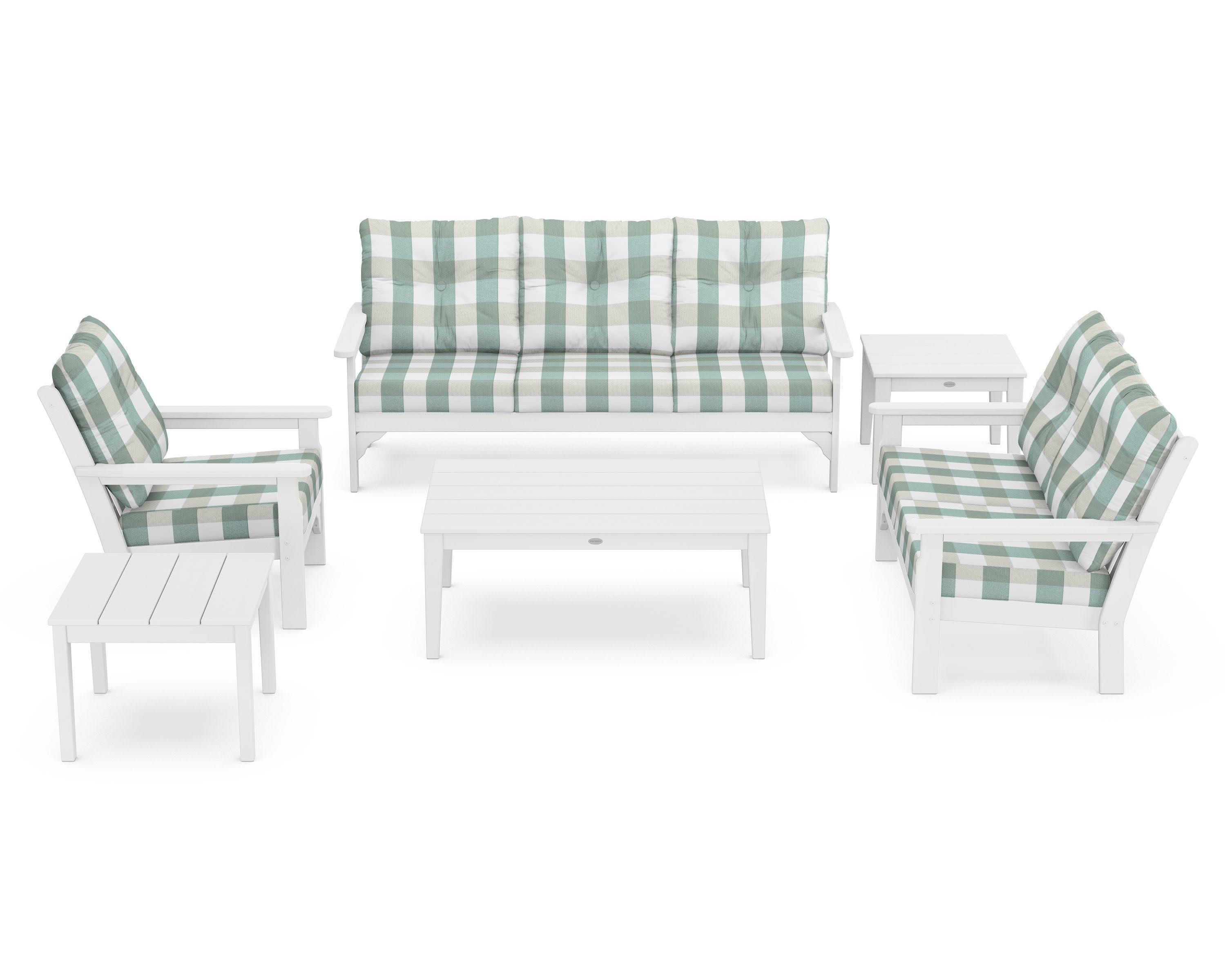 Vineyard 6-Piece Deep Seating Set in White / Buffalo Plaid Glacier Spa