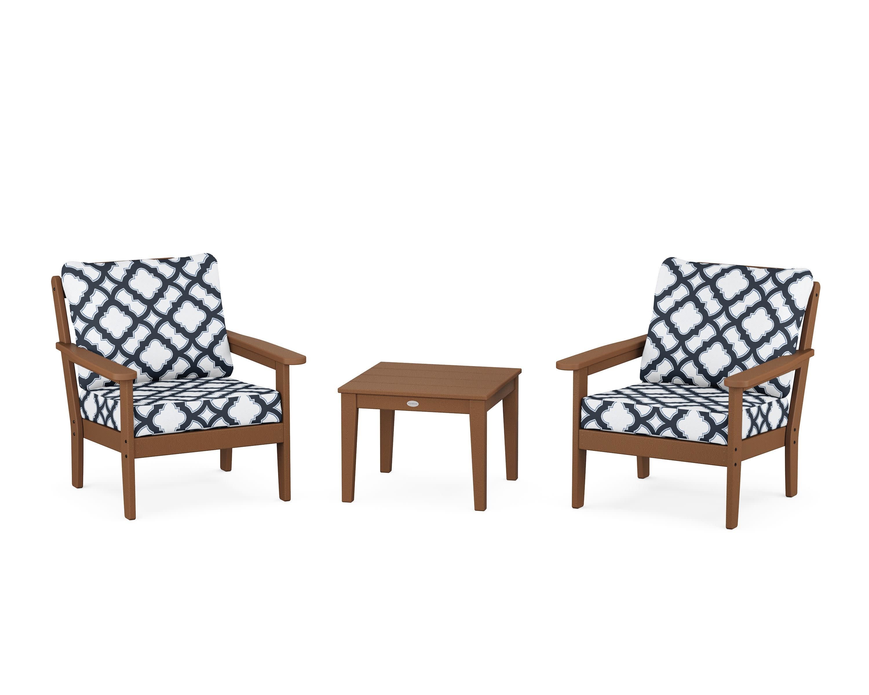Cottage 3-Piece Deep Seating Set in Teak / Trellis Marine Indigo