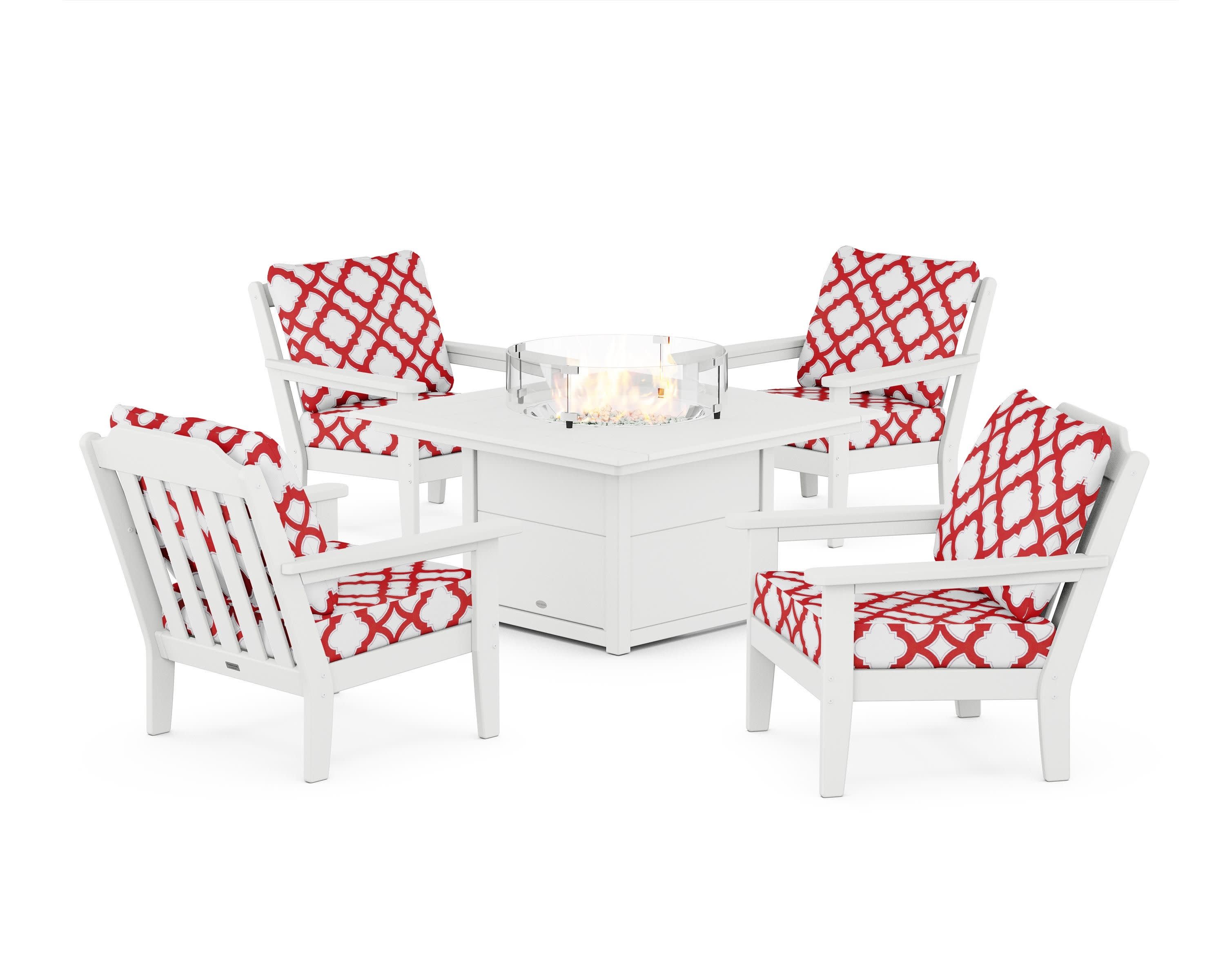 Cottage 5-Piece Deep Seating Set with Fire Pit Table in White / Trellis Crimson
