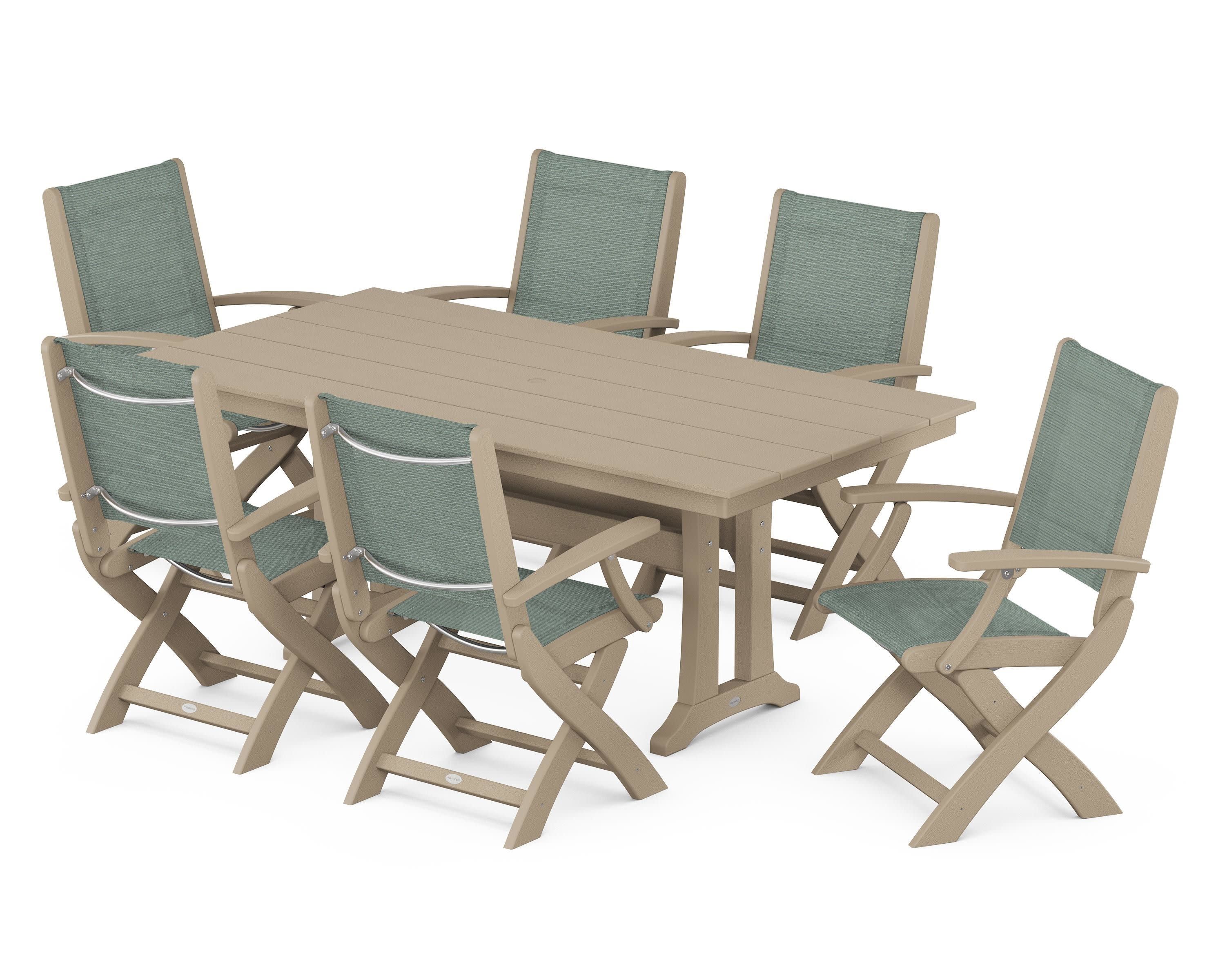 Coastal Folding Arm Chair 7-Piece Farmhouse Dining Set with Trestle Legs in Vintage Sahara / Dupioni Sea Mist Sling