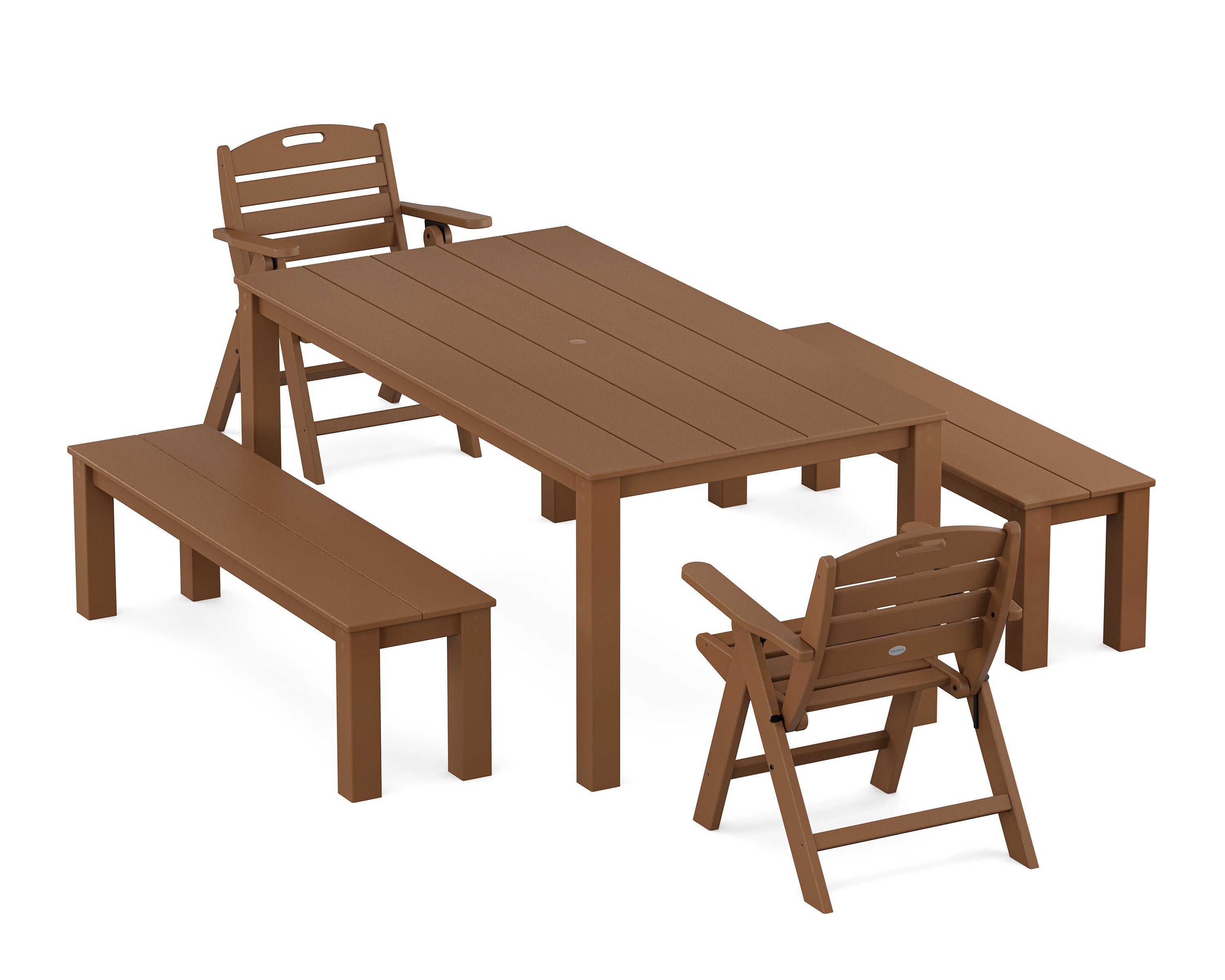 Nautical Folding Lowback Chair 5-Piece Parsons Dining Set with Benches in Teak